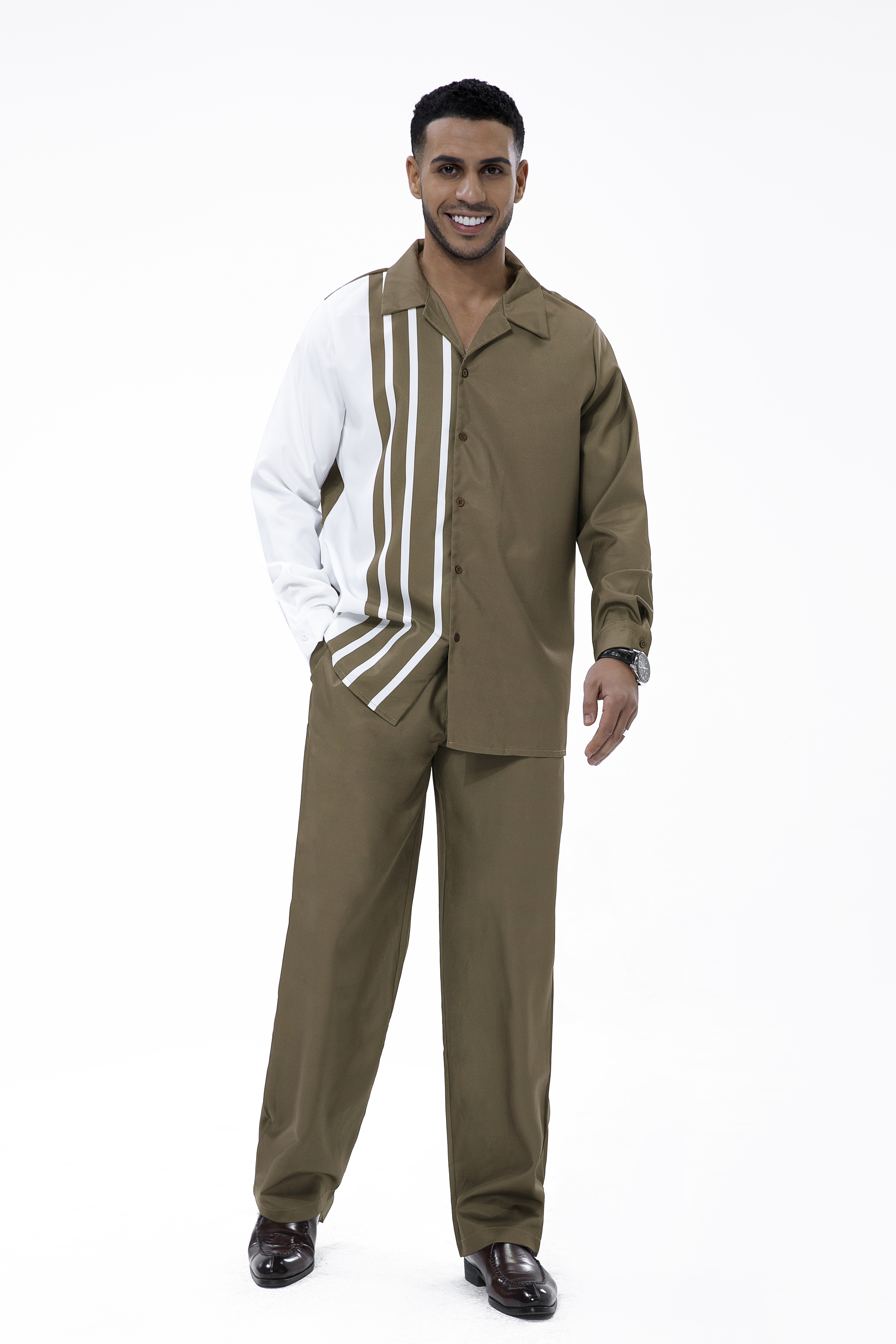 Ensemble de marche Suitmens à rayures olive et blocs de couleur, 2 pièces, manches longues