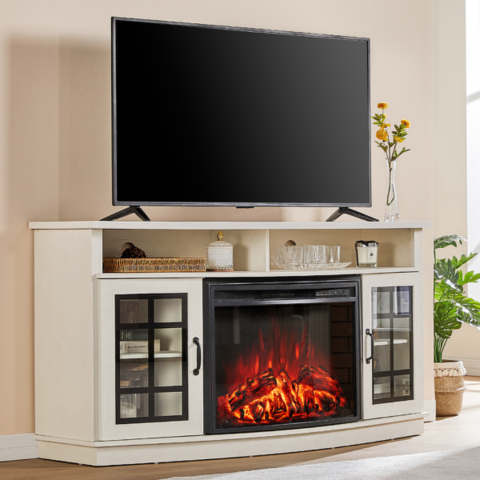 Curved TV Cabinet with 26" Electric Fireplace for TVs up to 65", Distressed White(Distressed White)