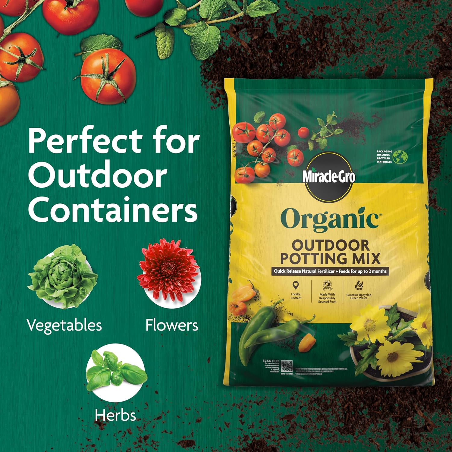 Miracle-Gro Organic Outdoor Potting Mix, 16 qt| Plant Soil For Outdoor Container Plants, Contains Quick-Release Natural Fertilizer, OMRI Listed