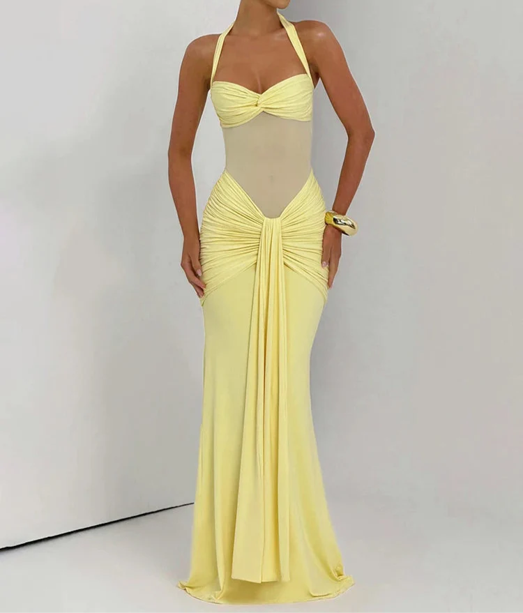 Robe longue moulante drapée à col halter robe de soirée sculptante