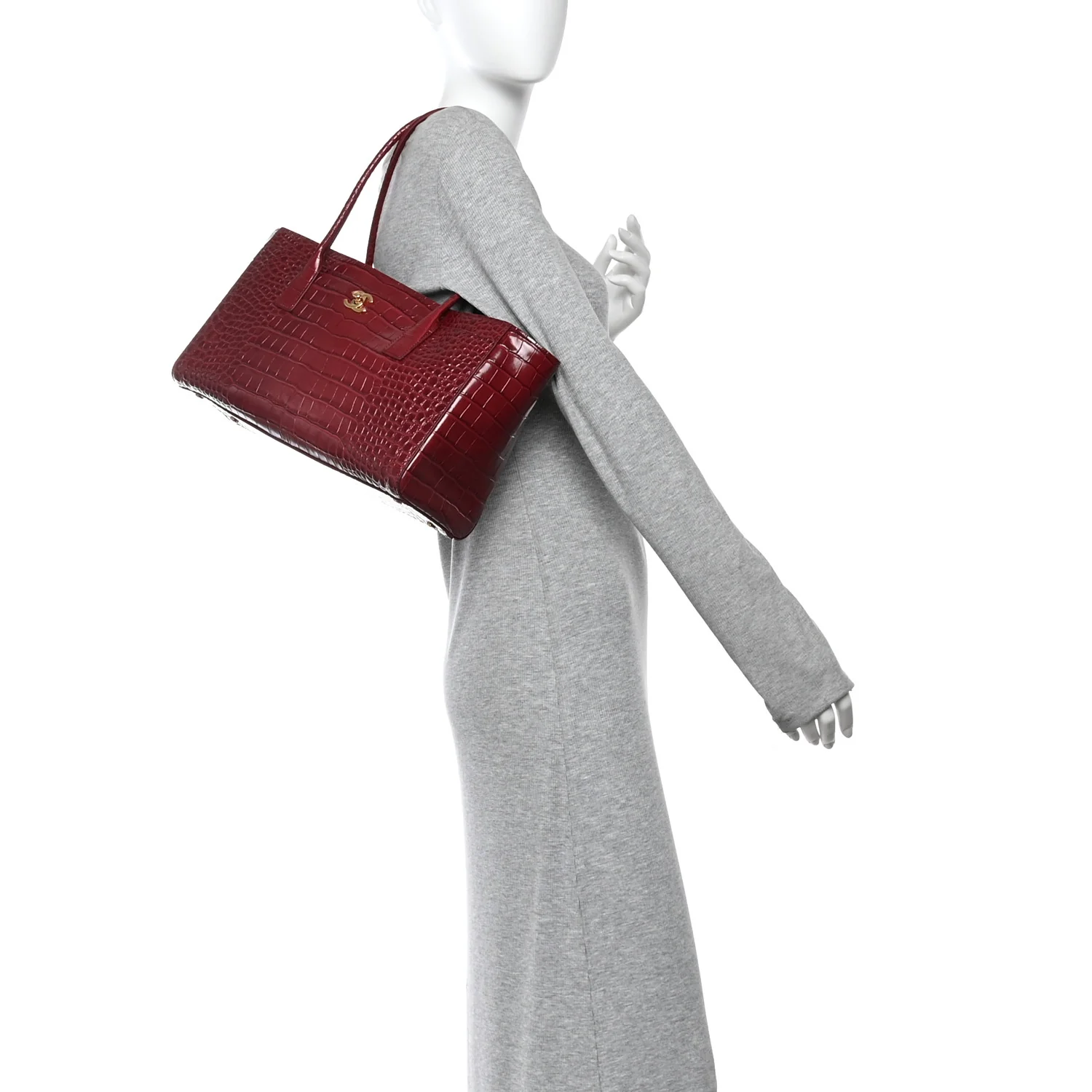 Calfskin Crocodile Embossed Archetype Small Shopper Tote Burgundy
