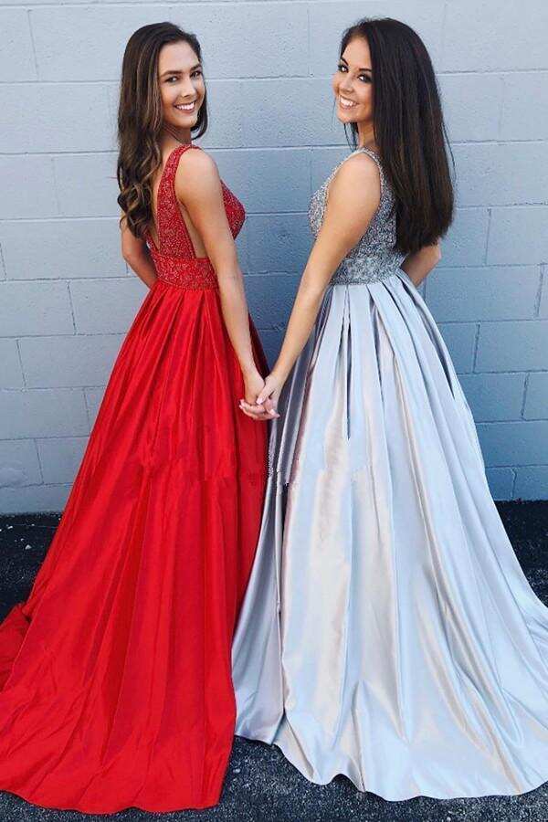 Cheap A-line Deep V Neck Beading Backless Long Prom Dress With Pockets DMG42