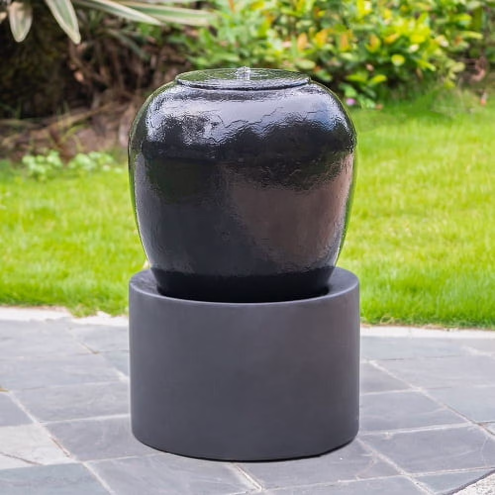 Heavy Outdoor Cement Fountain Black, Cute Unique Urn Design Water feature For Home Garden, Lawn, Deck & Patio 19.5x19.5x32.5