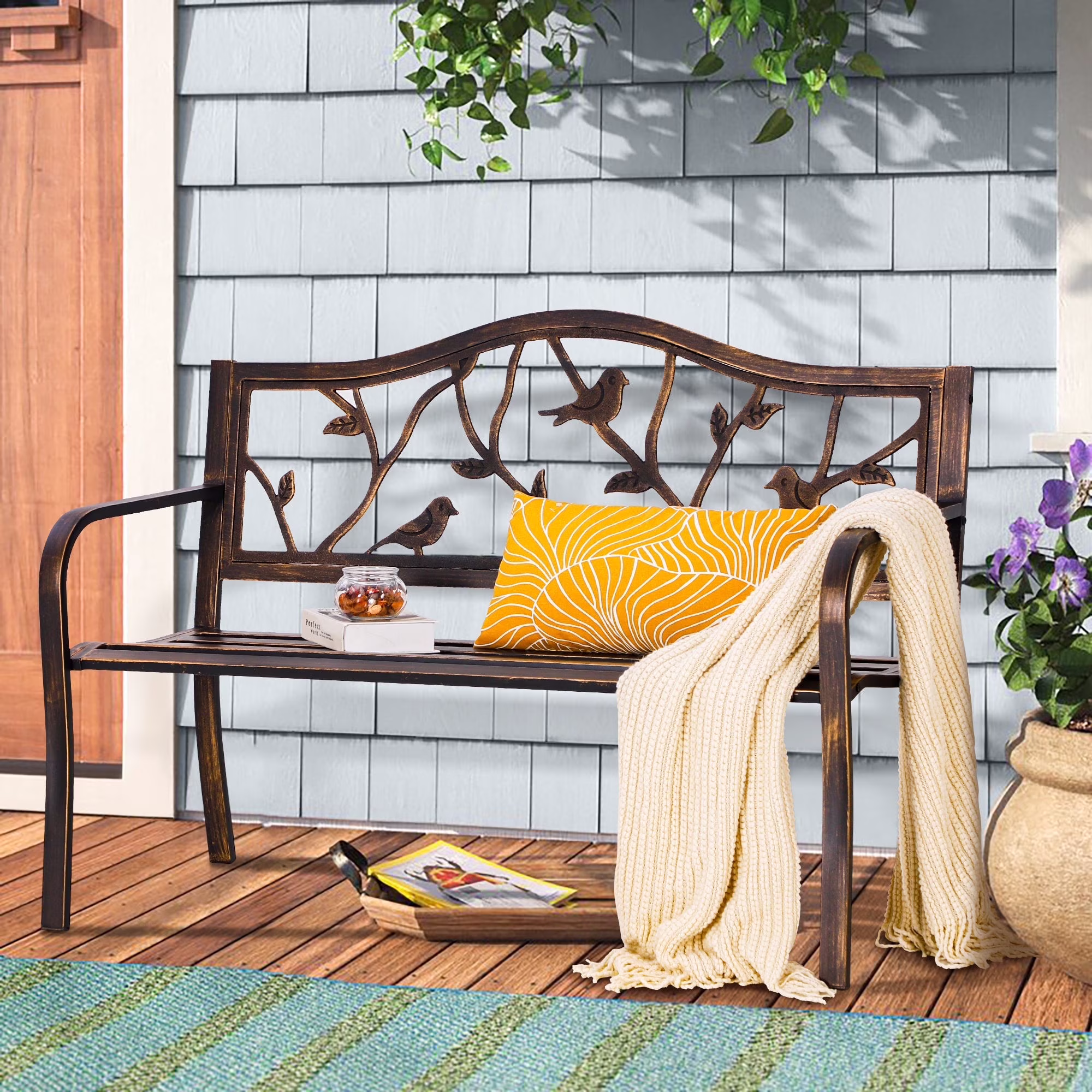 Alpha Joy 50 Outdoor Bench Metal Patio Garden Bench Slatted Seat for Lawn, Park, Porch, Backyard, Deck- Bronze