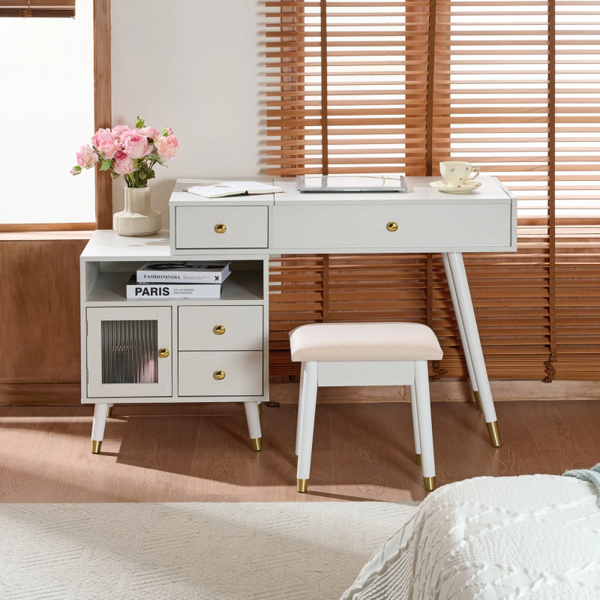 3-in-1 Vanity Desk with Lighted Flip-Top Mirror Adjustable Cabinet, Makeup Dressing Table with Stool, Dresser with Drawers for Bedroom, White(White) - Image 6