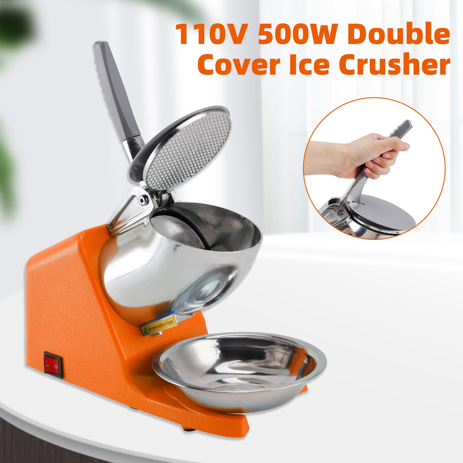 Electric Ice Crusher Machine, 500W Snow Cone Maker, 143LBS/Hr Shaved Ice Machine Adjustable Stainless Steel Blades for Home Bar and Parties for Smoothies, Cocktails, Drinks, Ice Shaver