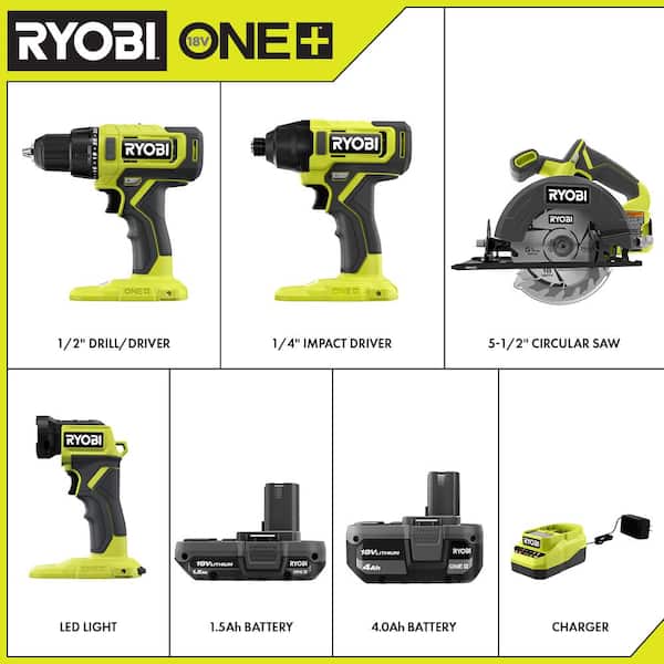 ONE+ 18V Cordless 4 Tool Combo Kit with 1 5 Ah Battery, 4 0 Ah Battery, and Charger Image 2