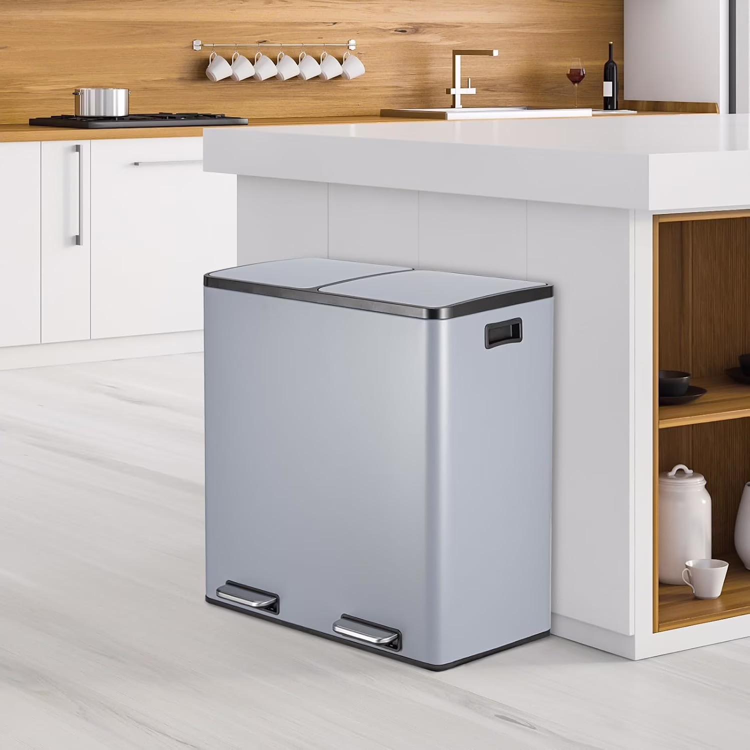 60 L/16 gal Dual Trash Can, Stainless Steel Garbage Can for Kitchen, Recycle Bin with Lid(Black) - Image 9