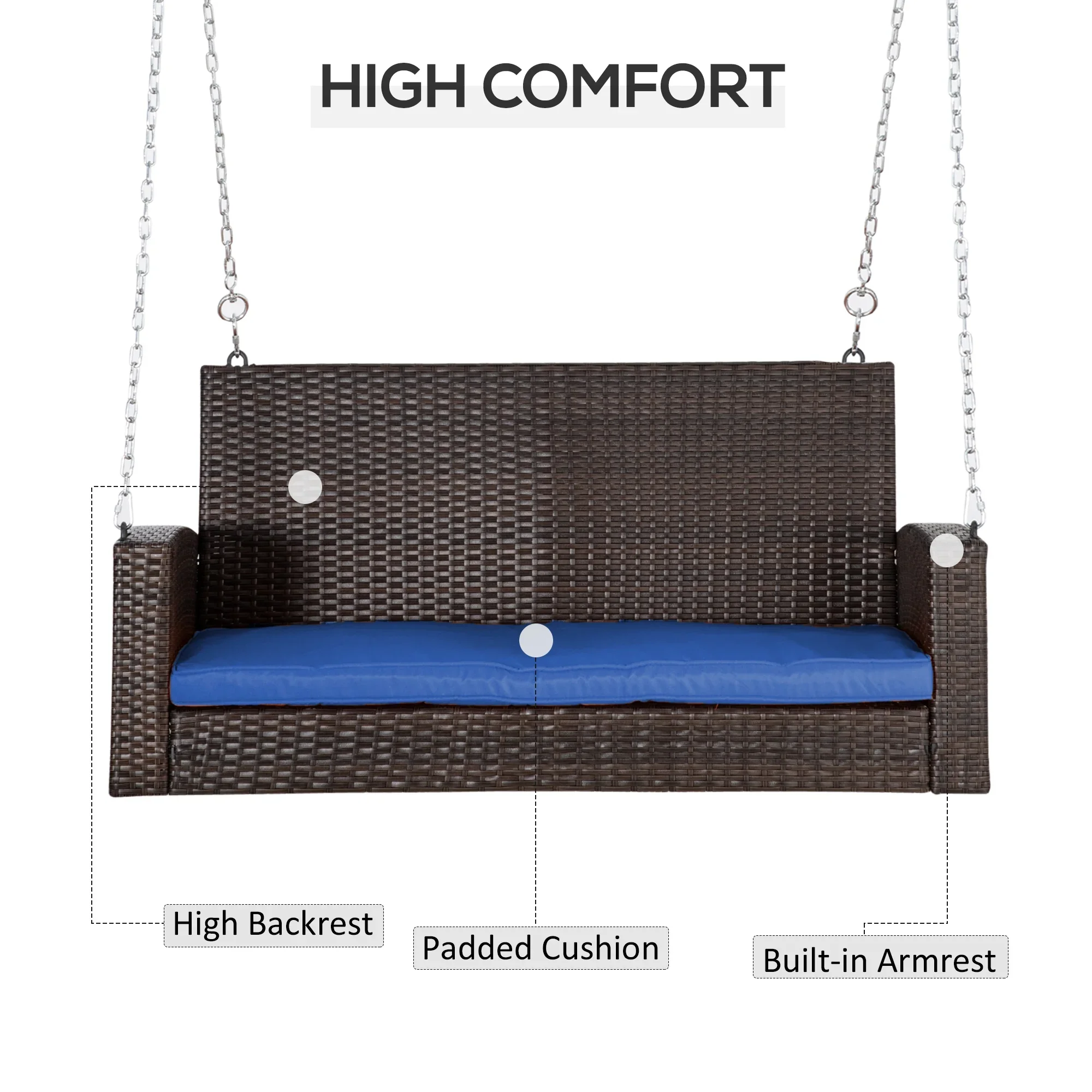 Outsunny 2 Person Wicker Hanging Swing Bench, Front Porch Swing Outdoor Chair with Cushions 550 lbs. Weight Capacity for Backyard, Garden, Cream White