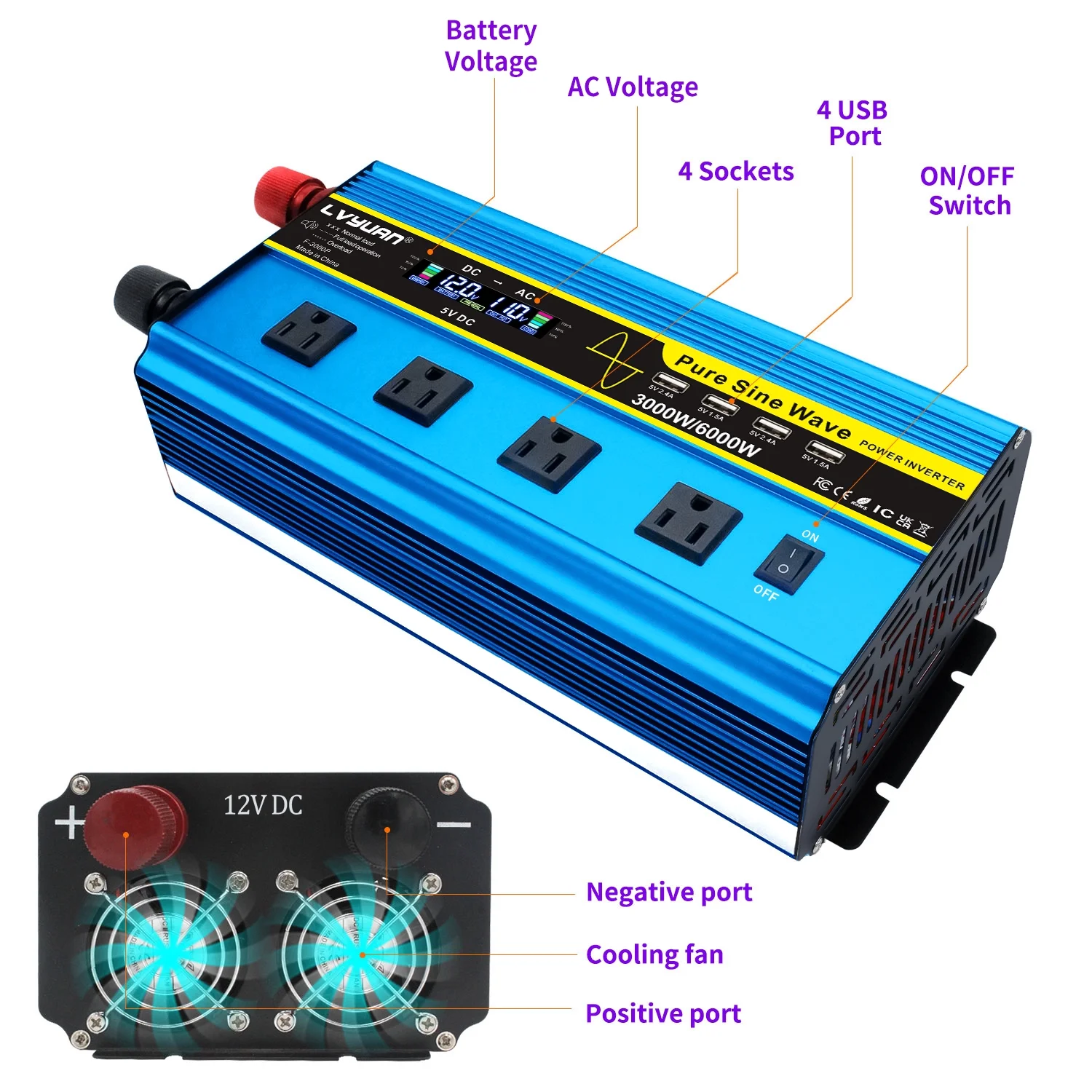 LVYUAN 3000watts Pure Sine Wave Power Inverter DC 12V to AC 110V 120V Converter 4USB 4AC LCD Display with Remote Control