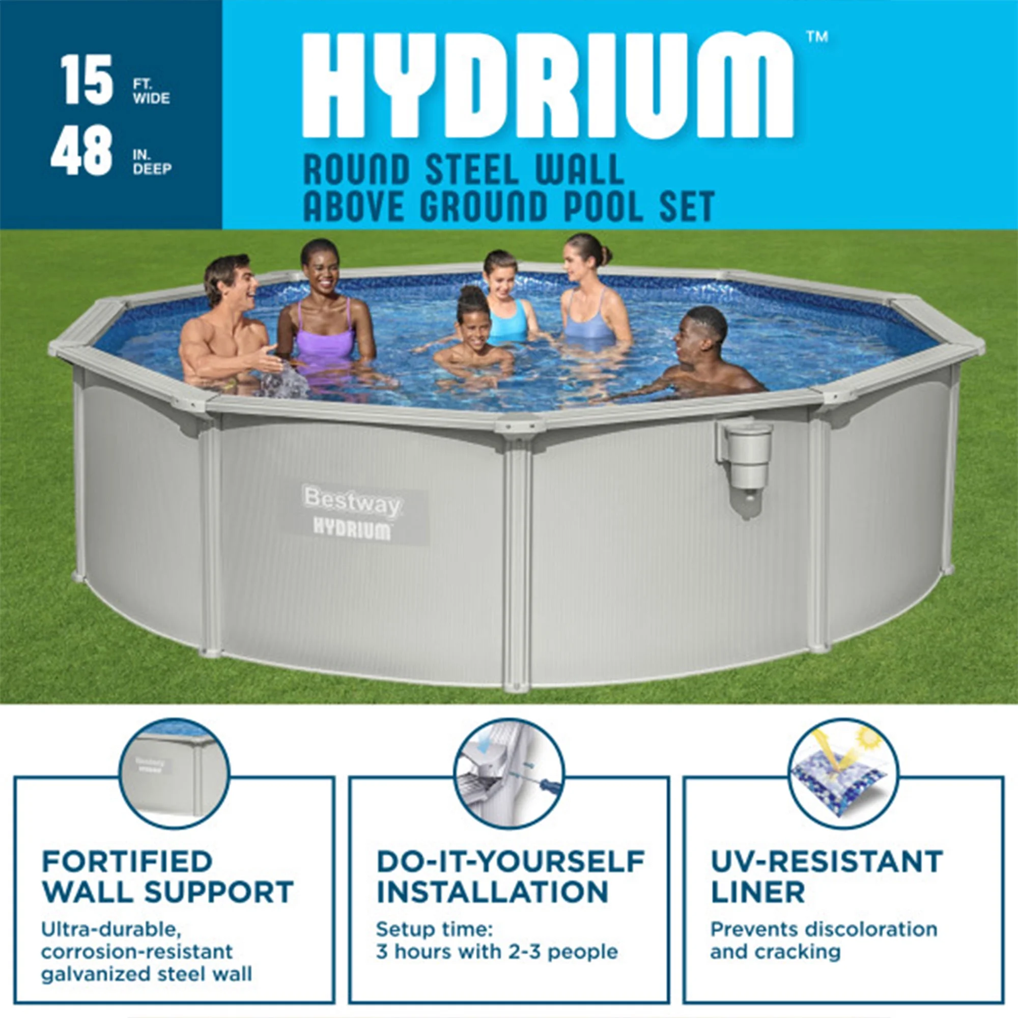 Hydrium 15' x 48" Steel Wall Above Ground Swimming Pool Set, Gray(15ft. x 48in.) - Image 2