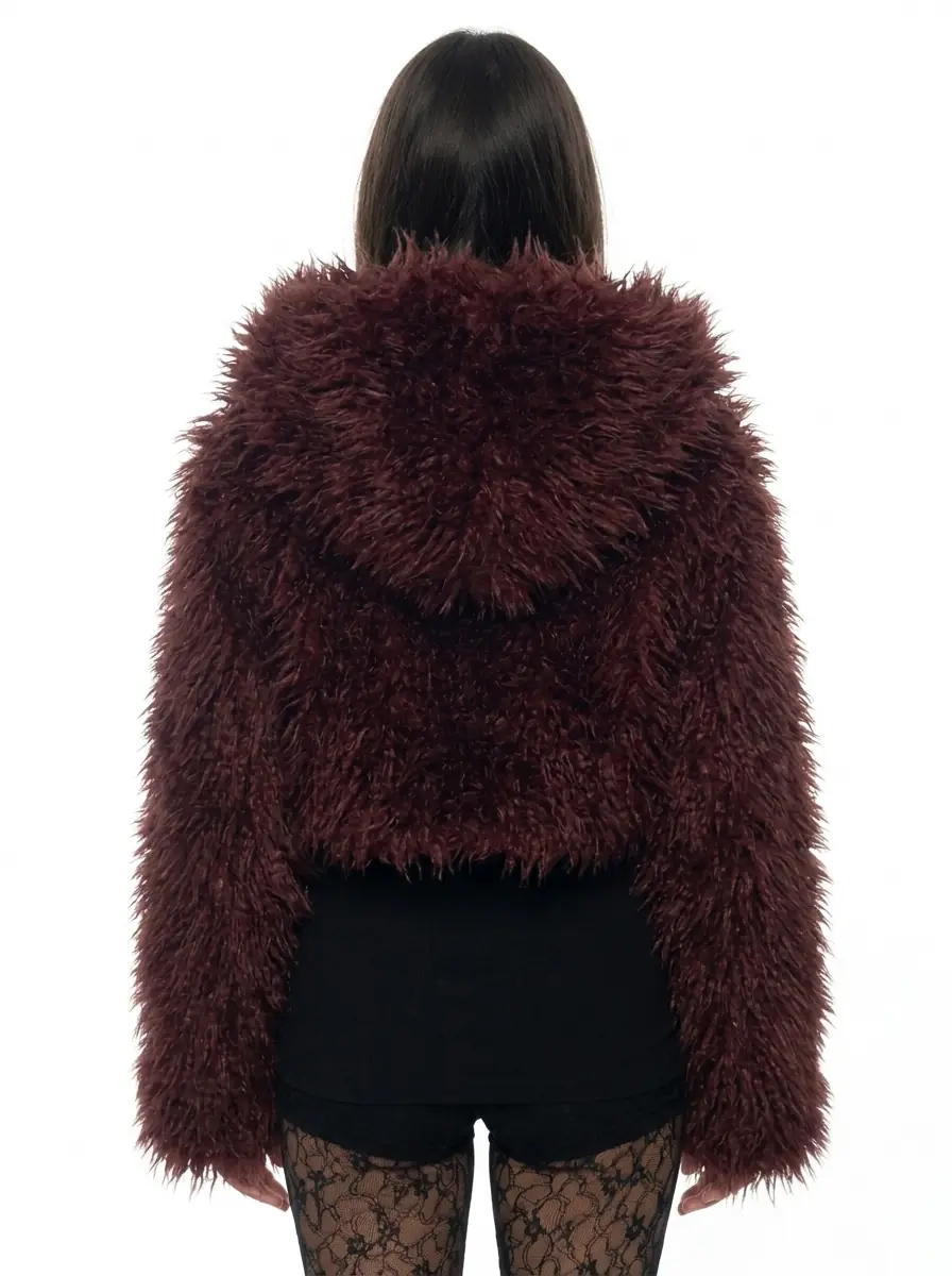 Back view of a women's maroon hooded faux fur jacket