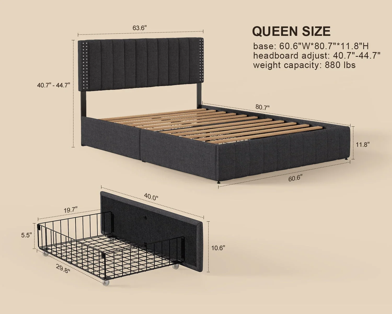 Lofka Queen Bed Frame with Drawers and Adjustable Headboard 880lbs No Box Spring Dark Gray