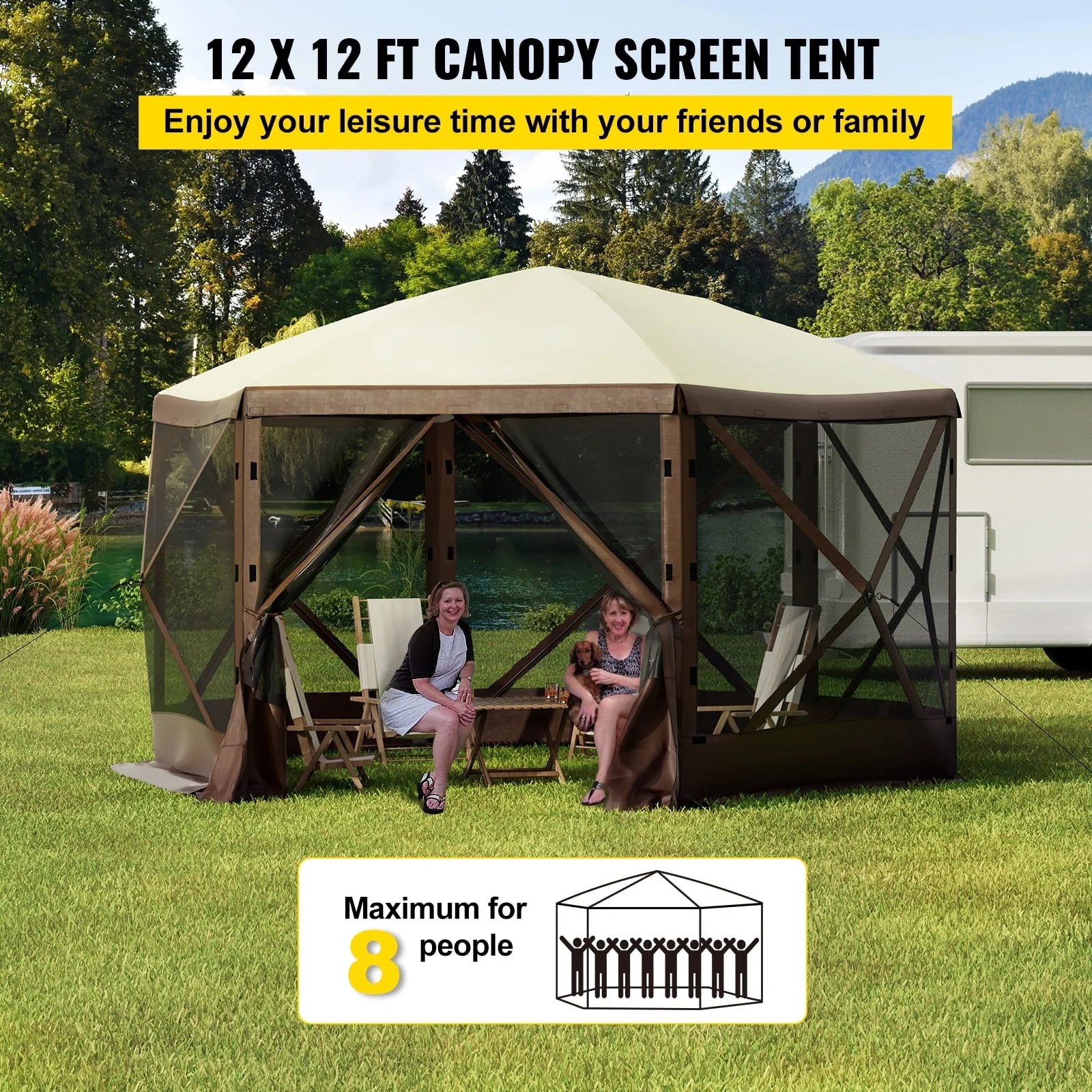 Vevorbrand Camping Gazebo Tent, 12'X12', 6 Sided Pop - up Canopy Screen Tent for 8 Person Camping, Waterproof Screen Shelter W/Portable Storage Bag, Ground Stakes, Mesh Windows, Brown & Beige