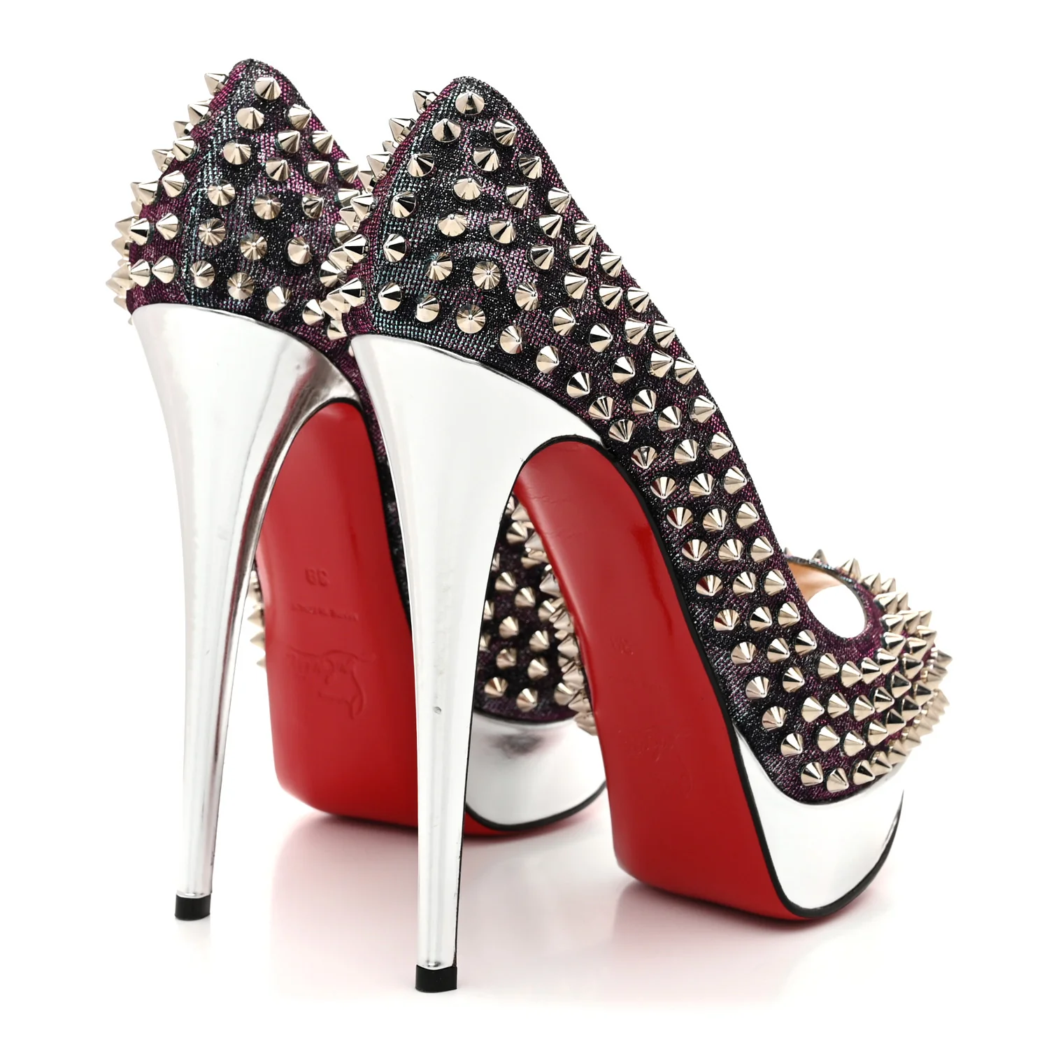 Lame Satin Lady Peep Spikes 150 Pumps 39 Turquoise Violet Silver