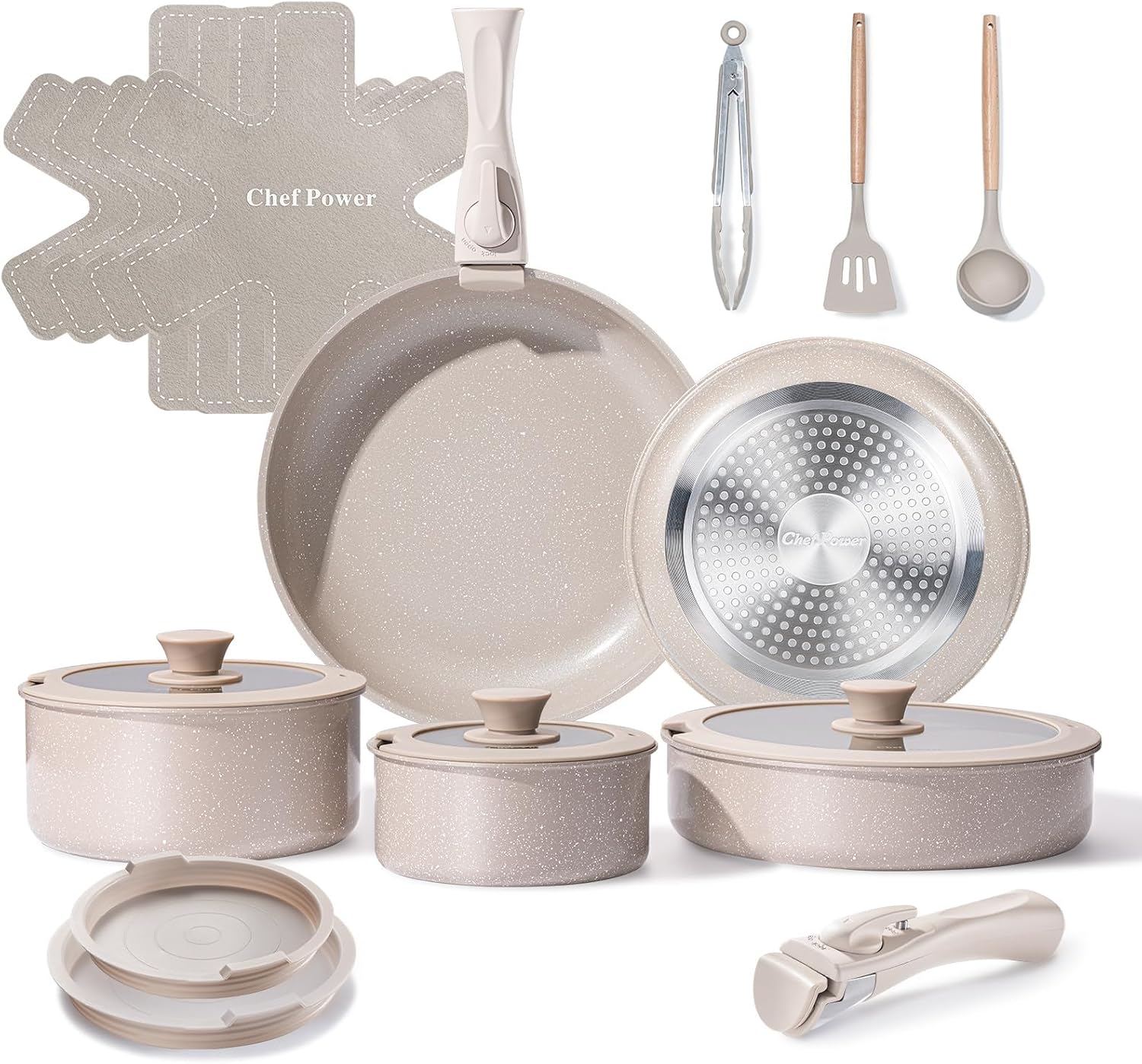 Chef Power Ceramic Cookware Set Non Toxic with Detachable Handles, Healthy Nonstick Pans and Pots Set 19 Pcs, Induction Dishwasher Oven Safe Kitchen Set, PFAS PFOA & PTFE Free, Cream White