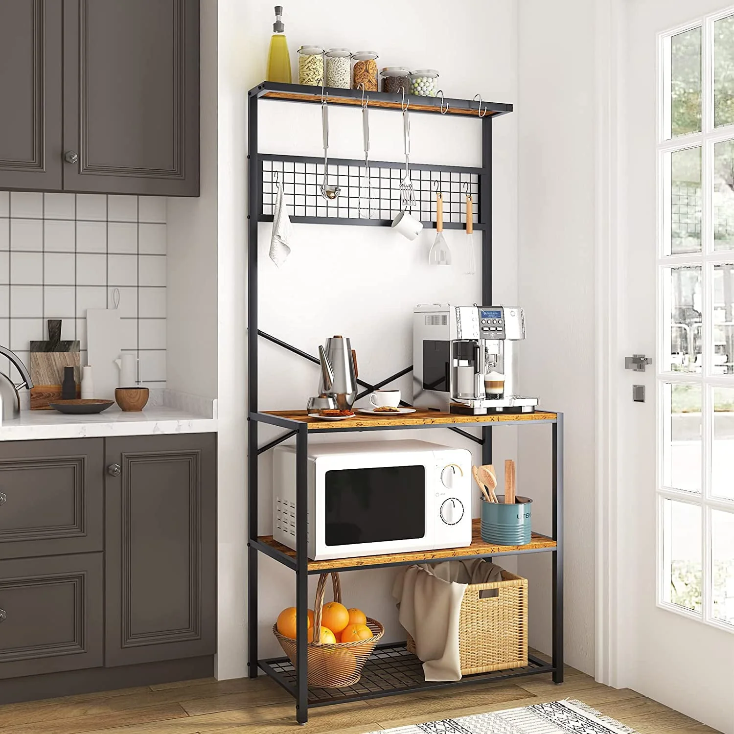 SOGES Kitchen Bakers Racks Kitchen Baker Storage Shelf Rack 3-Tier for Kitchen Standing Racks Brown
