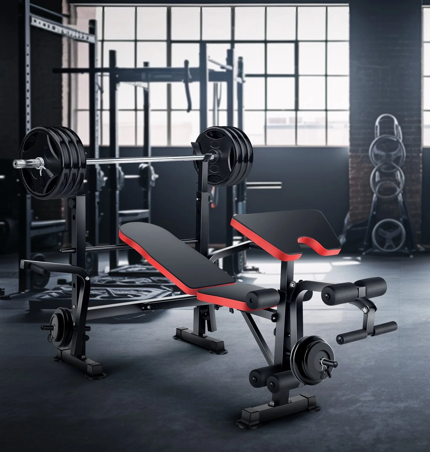 VIBESPARK Adjustable Weight Bench 600lbs 5 in 1 Foldable Workout Bench Set with Barbell Rack Leg Developer Preacher Curl Rack Dumbbell Fly Attachment, Multi Function Strength Training Bench Press Image 9