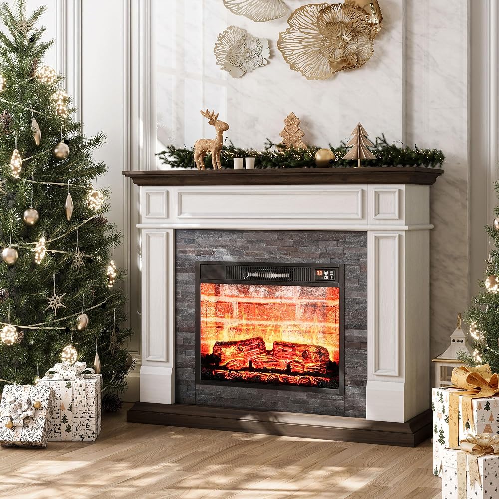 LGHM 44" Electric Fireplace with Mantel, Freestanding Wood Stove Heater, Realistic 3D Dancing Flame Effect and Stacked Stone Surround,Timer for Living Room, Bedroom