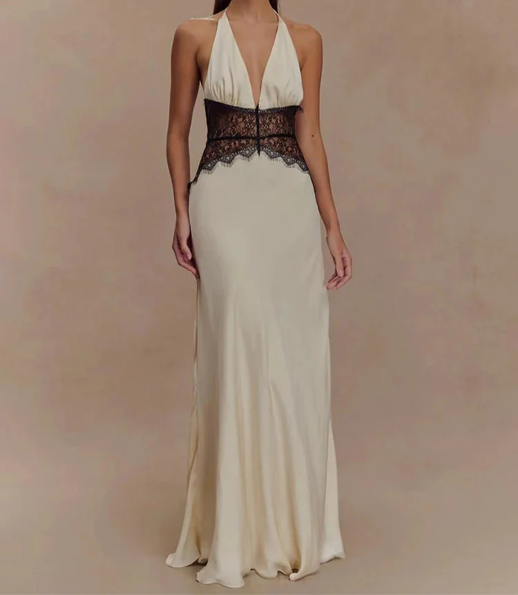 Robe Maxi Dos Nu à Panneaux en Dentelle et Col Halter