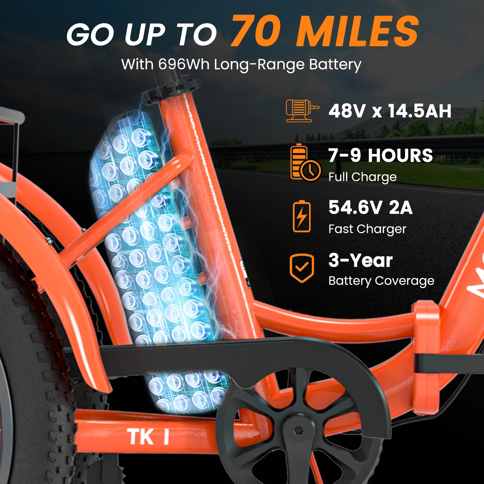 TK1 Folding Electric Tricycle for Adults,48V 14.5Ah Removable battery, 500W��Peak 1000w��Motor, 20" Fat Tire Step-Thru 3Wheel Electric Bicycle w/FrontRear Baskets, Certified to UL 2849 by SGS(Orange) - Image 2