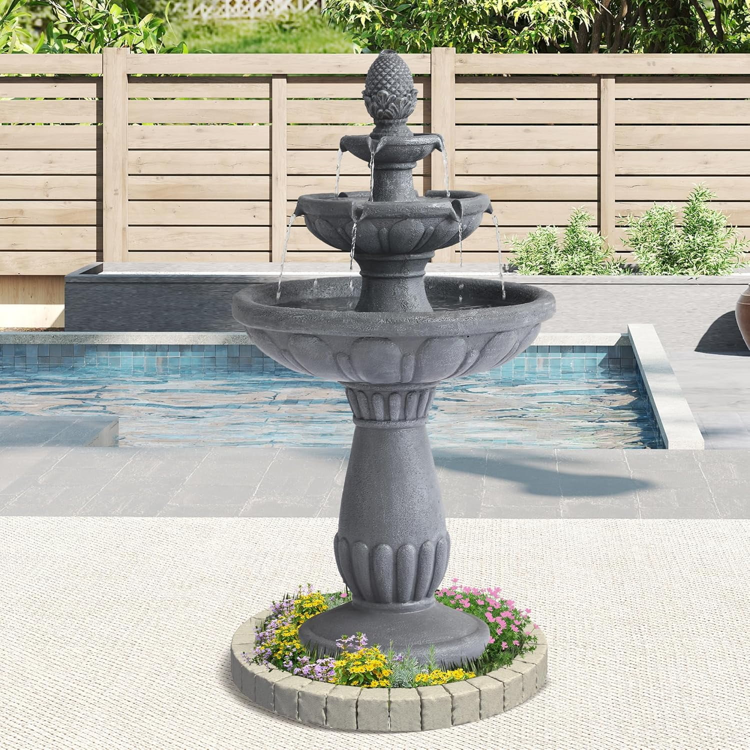 40.6" High Large Italian Outdoor Water Fountain, 3-Tier Standing Bubbler Waterfalls Fountain with Pineapple Top and Roman Pillar, Resin Garden Water Fountains for Bird Bath Patio Yard Deck - Image 7