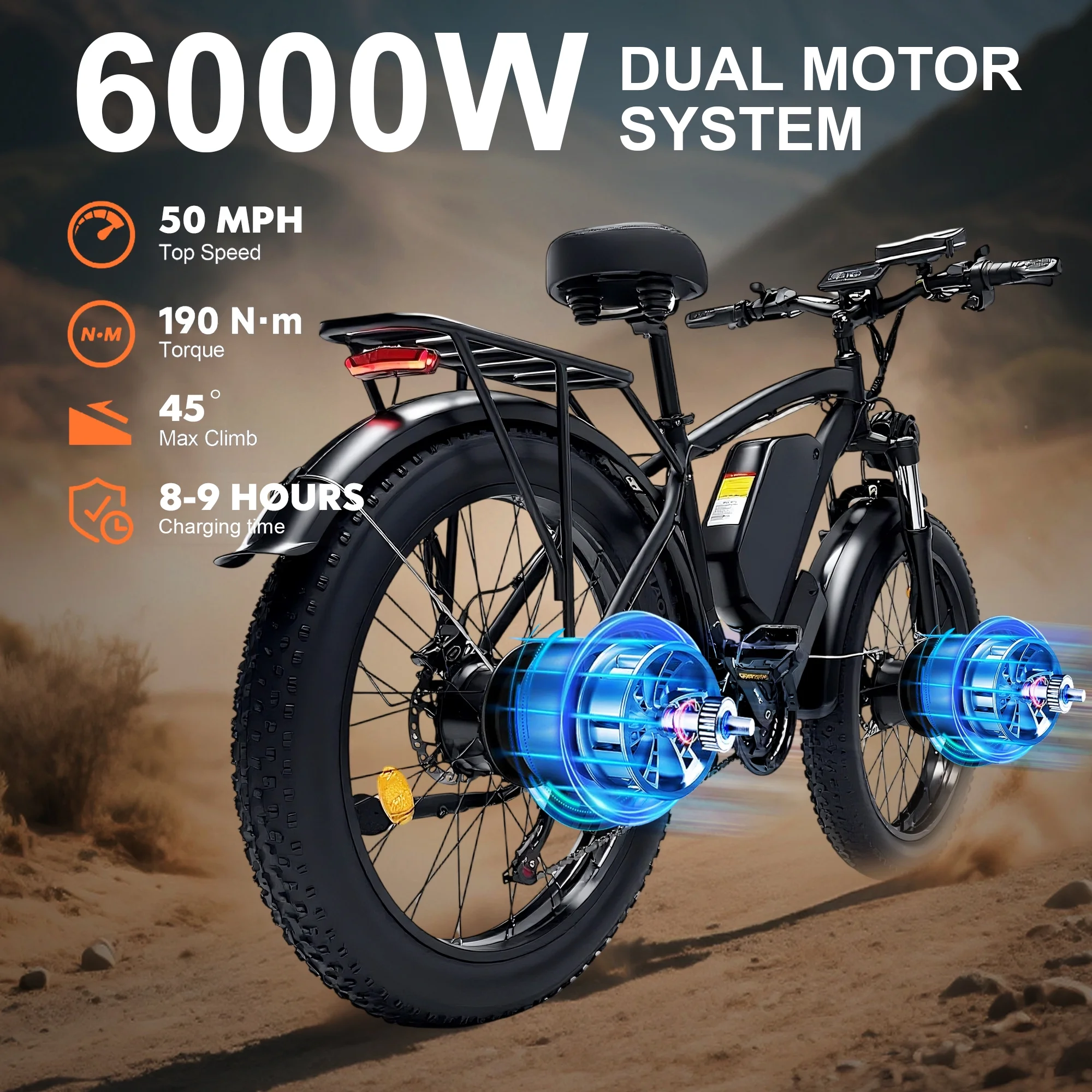 Electric Fat Tire Bike for Adults, 6000W Dual Motor Ebike, Max 50MPH 26"x4.0 Off-Road Mountain Electric Bicycle, 60V 25AH, UL2849 - Image 2