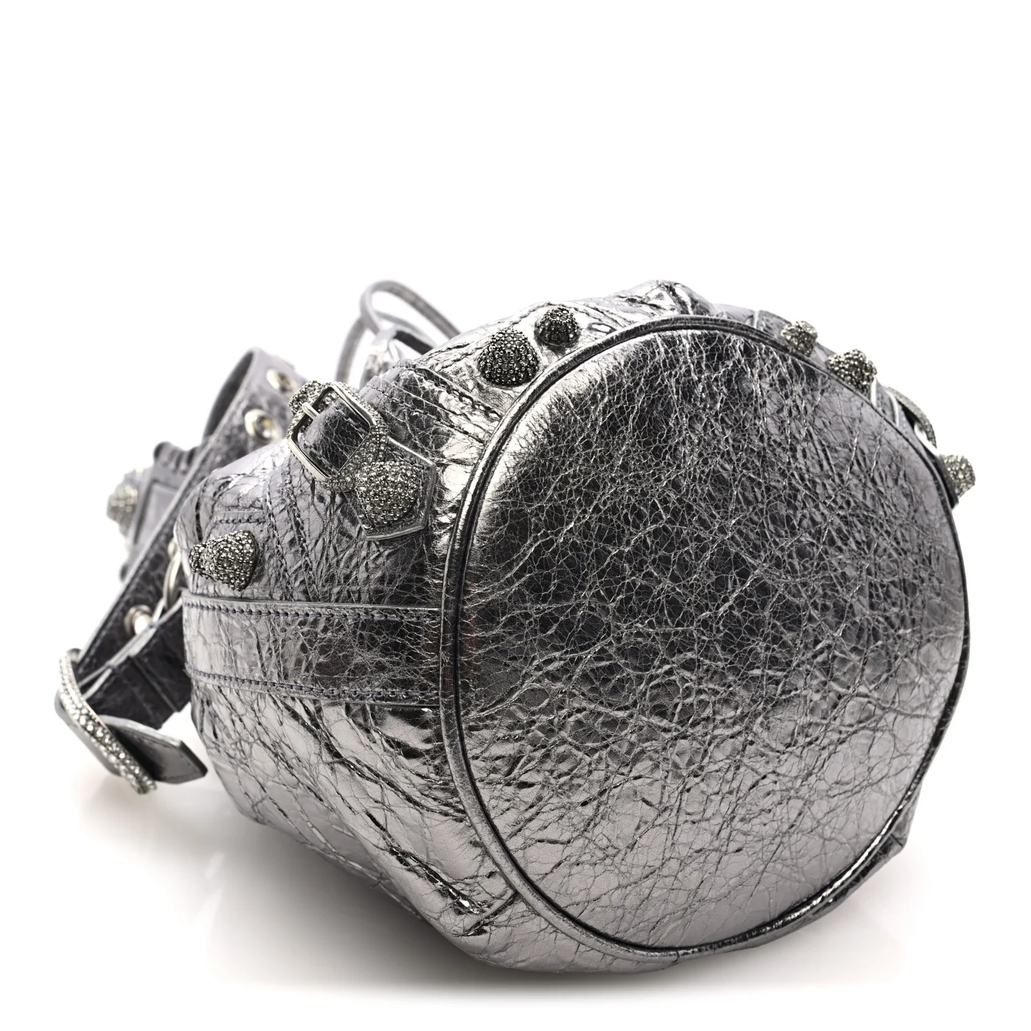 Metallic Agneau Arena Crystal Le Cagole Bucket Bag XS Silver