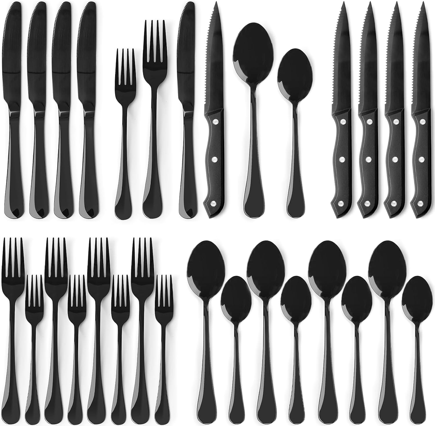 Astercook 24-Piece Black Silverware Set with Steak Knives Flatware Set for 4, Food-Grade Stainless Steel Cutlery Set, Mirror Polished Utensils Set Including Spoons and Forks for Home Kitchen Restaurant