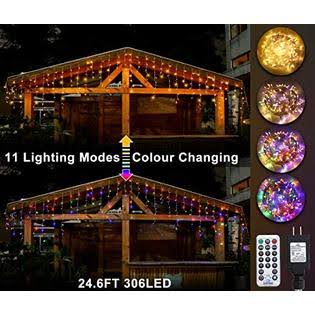 Ollny LED Icicle Lights 306 LED 24.6ft, Outdoor Christmas Curtain Fairy String L
