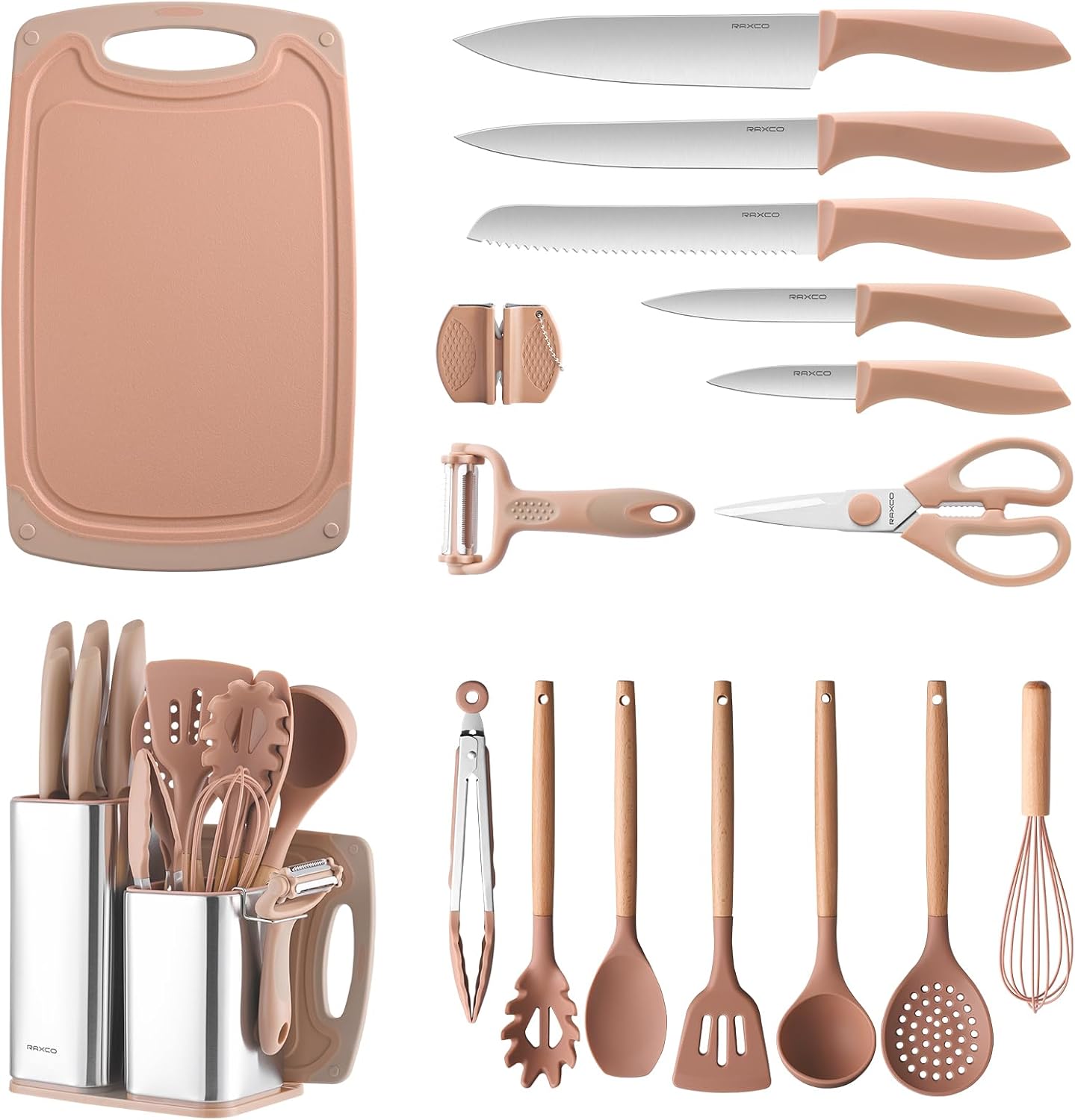 RAXCO Kitchen Utensils Set, 18-Piece Cooking Utensils and Knife Set, Black