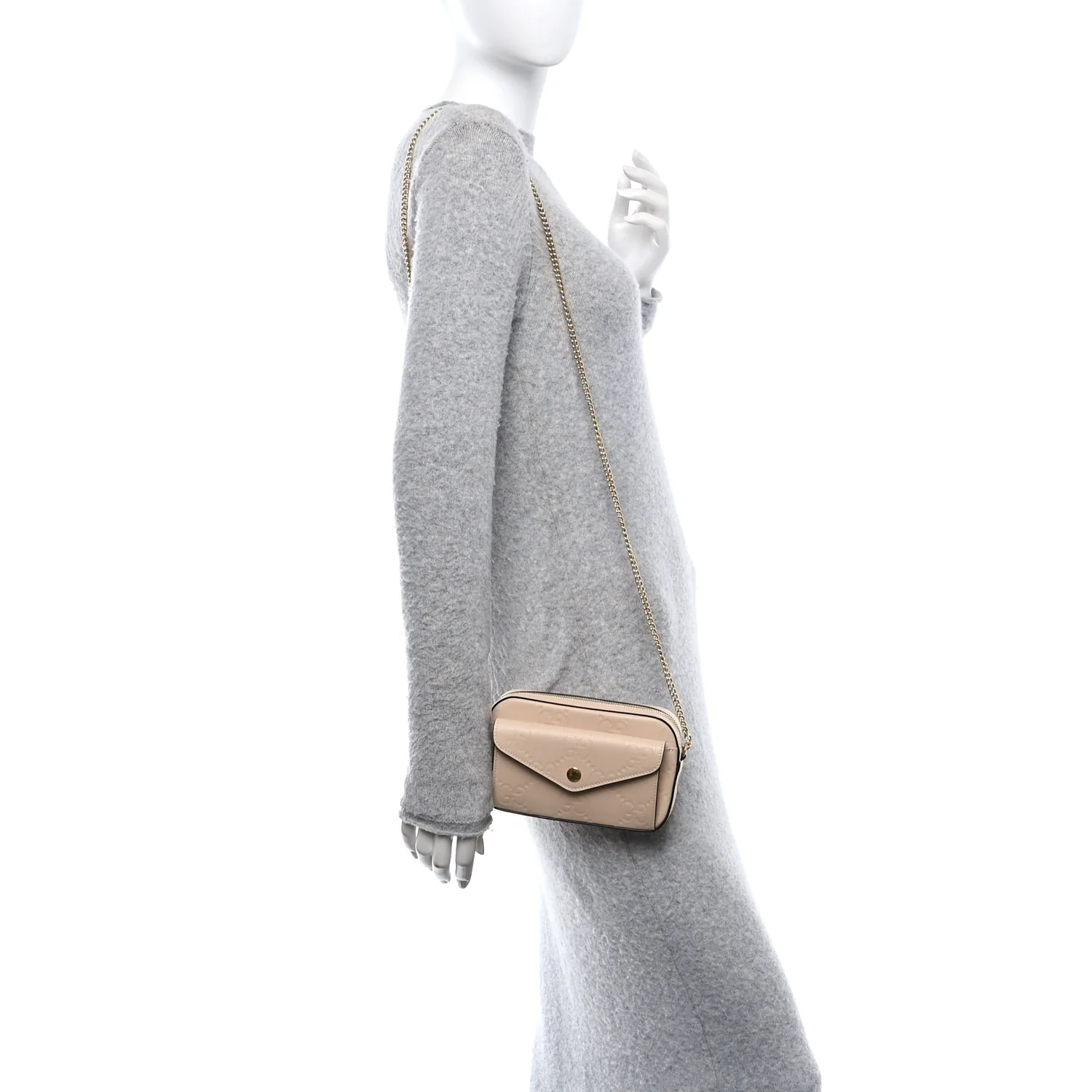 Calfskin GG Super Mini Debossed Chain Wallet Light Beige