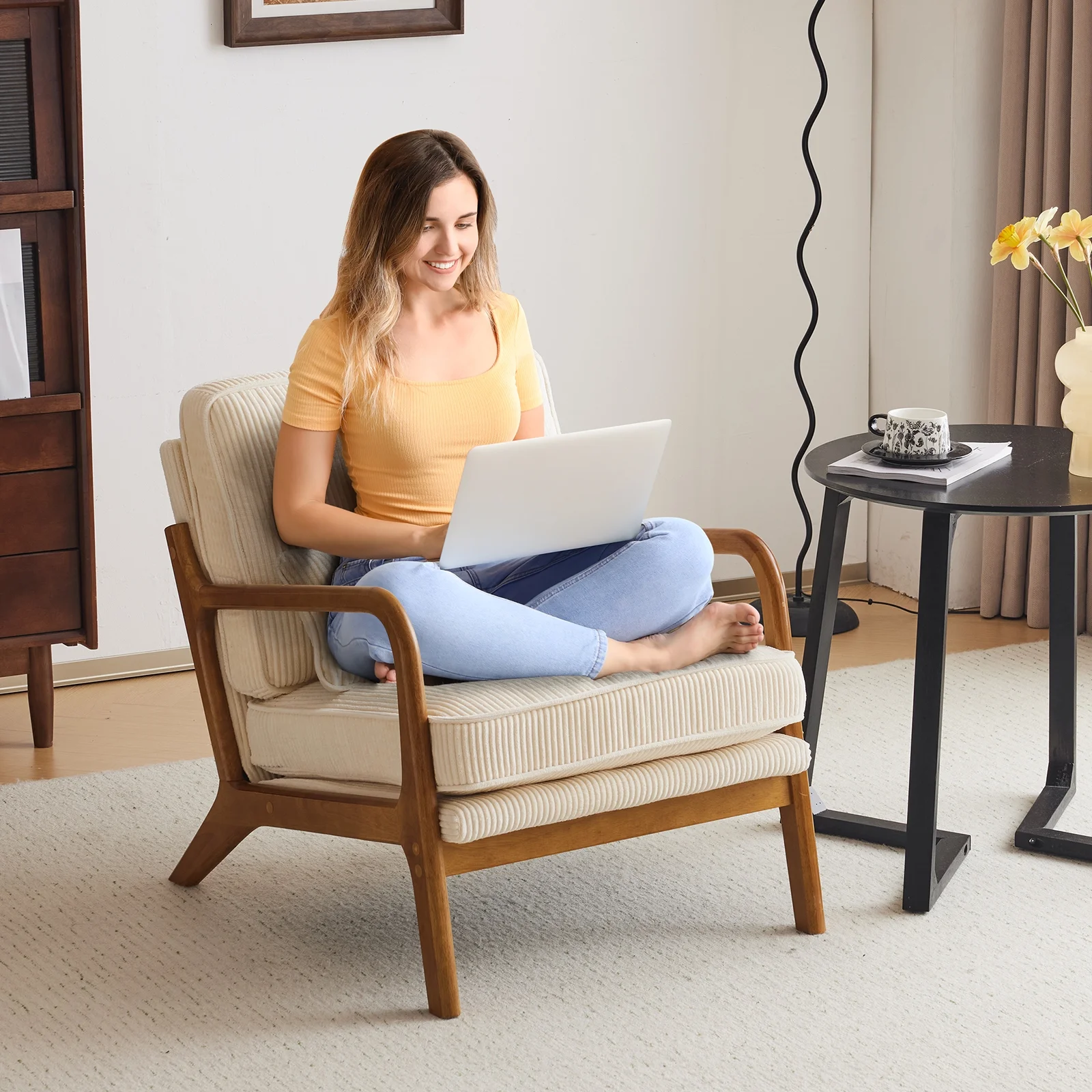 Accent Chair Corduroy Upholstered Armchair, Reading Club Chair with Pillow and Solid Wood Frame for Living Room Bedroom Furniture Off White(Off White-Corduroy) - Image 6