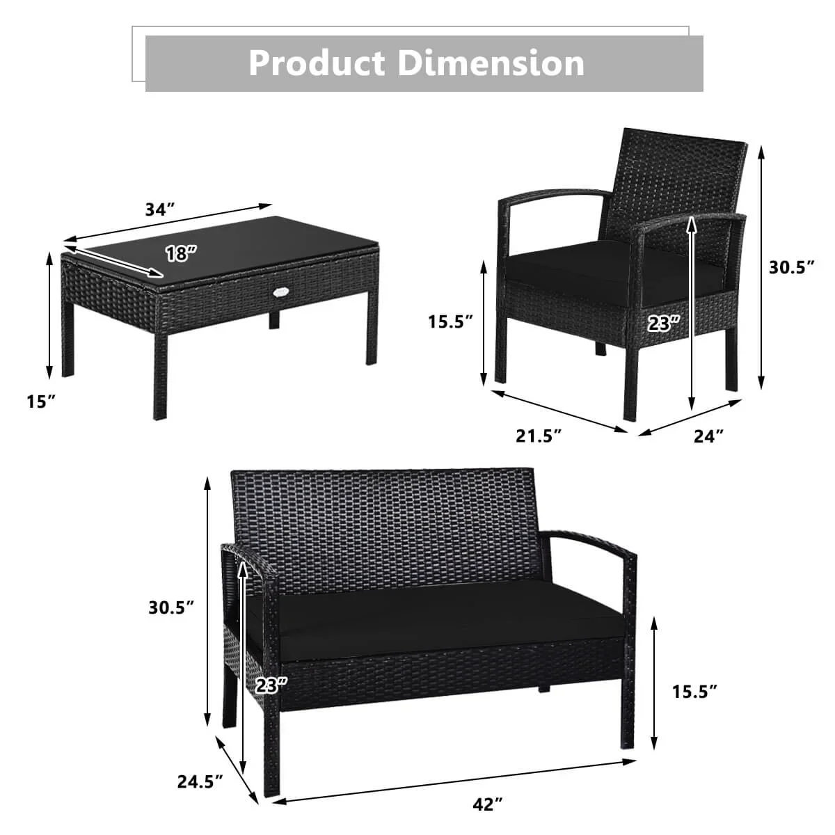 Costway 4PCS Patio Rattan Wicker Furniture Set Loveseat Sofa Cushioned Garden Yard Brown