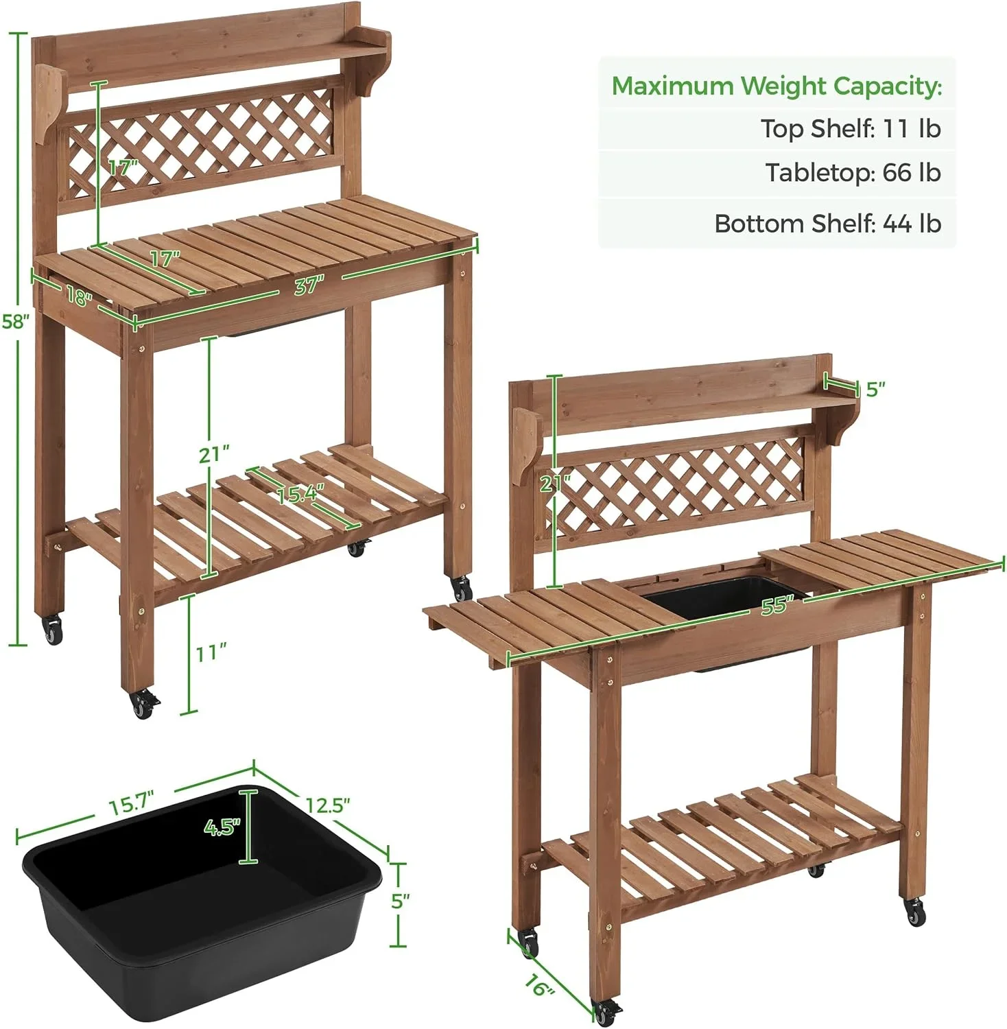 REKHH  Potting Bench Table Outdoor Garden Horticulture Wooden Workstation Benches w/Sliding Tabletop/Removable Sink/Storage Shelf,Brown