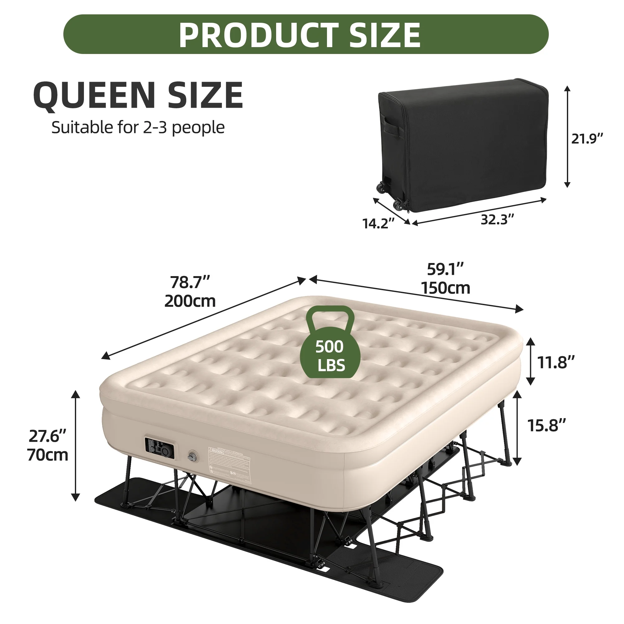 Inflatable Queen Air Mattress with Built-in Pump, Frame, Velvet Surface Portable Storage Case, Khaki(Queen/Khaki) - Image 7