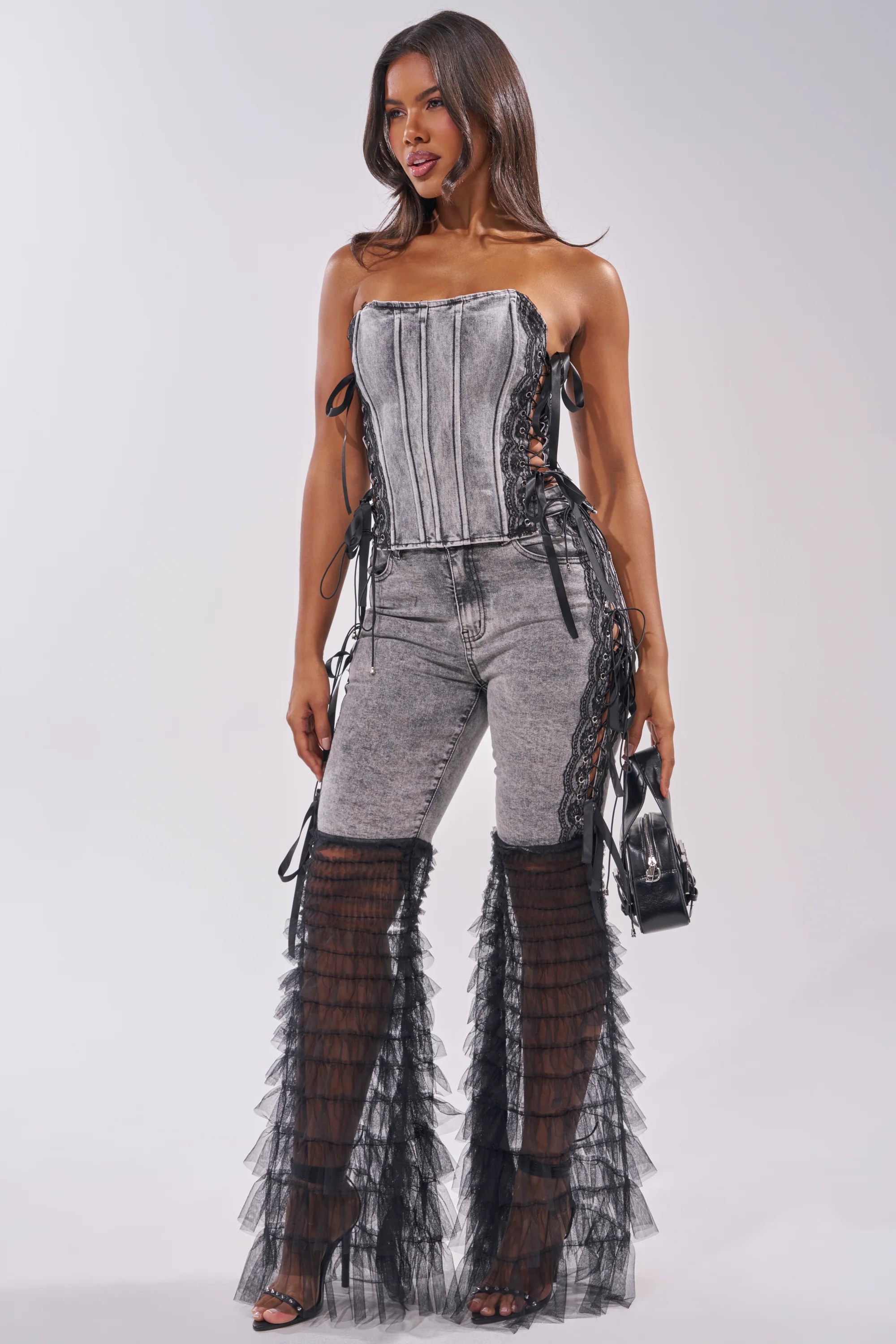 TICKED AND TIED LACE DETAIL FLARE DENIM - Akira Store
