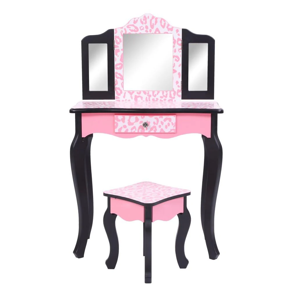 Kids Vanity Table and Stool Set with 3 Mirrors, Pretend Play Princess Makeup Dressing Table,Children's Furniture(Blue) Image 8