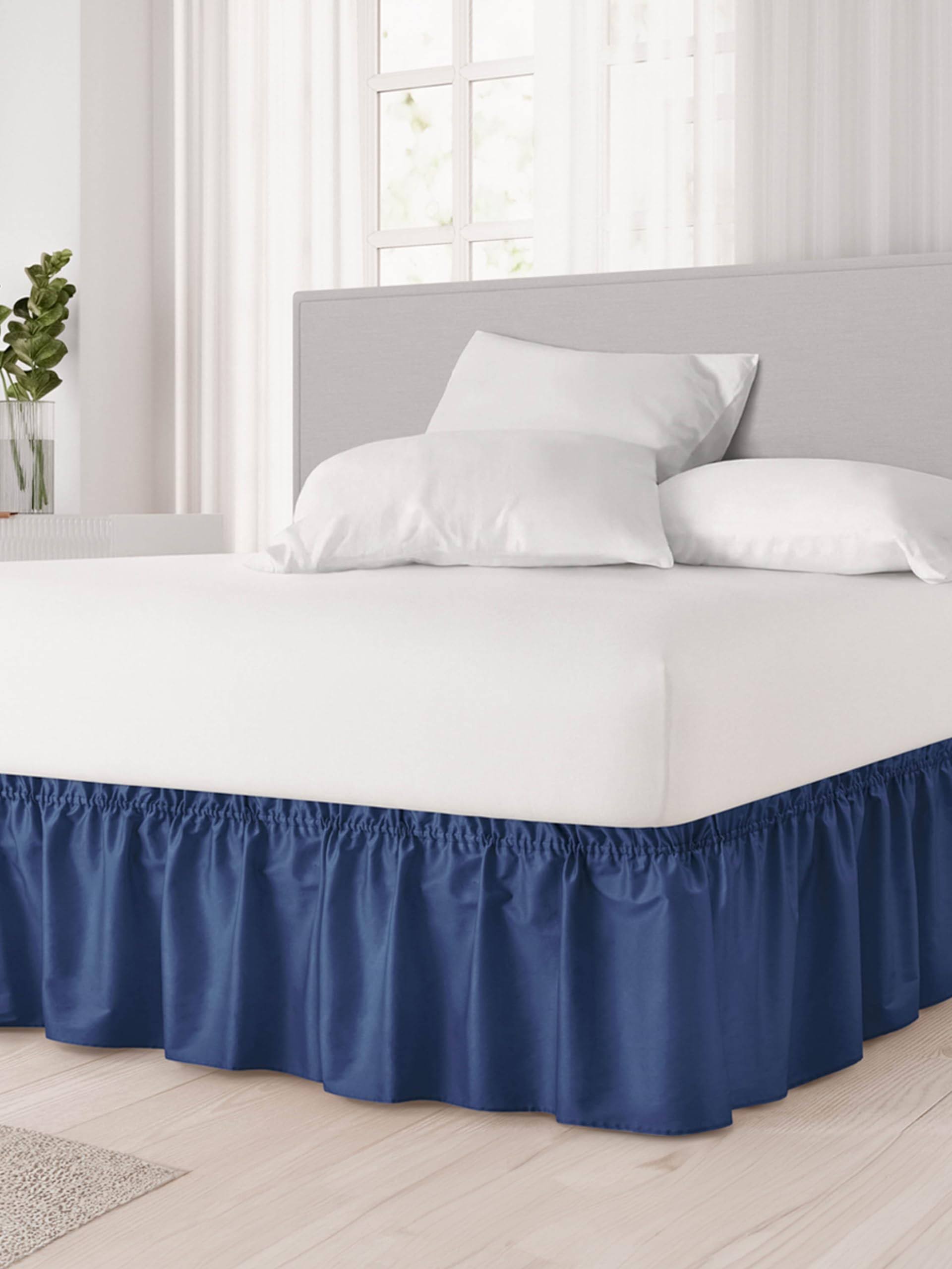 Wrap Around Dust Ruffle Bed Skirt - Navy Blue - for Full Size Beds with 15 in. Drop - Easy Fit Elastic Strap - Pleated Bedskirt with Brushed Fabric