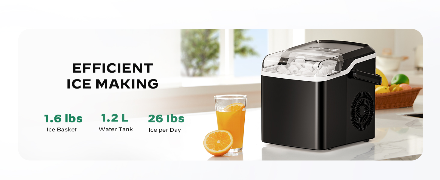 efficient ice maker: 1.6 lbs, 1.2 L water tank, 26 lbs ice per day