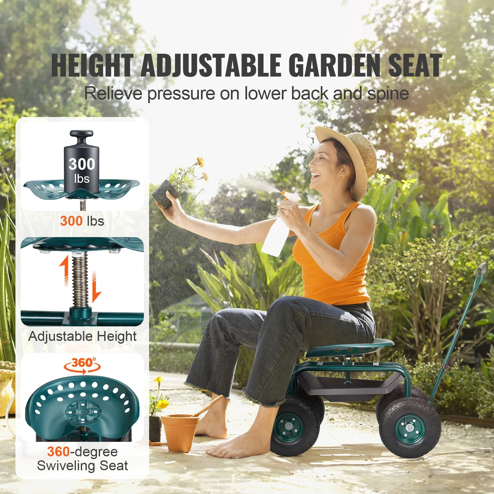 Garden Cart Rolling Workseat with Wheels, Gardening Stool for Planting, 360 Degree Swivel Seat, Wagon Scooter with Steering Handle Utility Tool Tray, Use for Patio, Yard, and Outdoors(Green) - Image 8