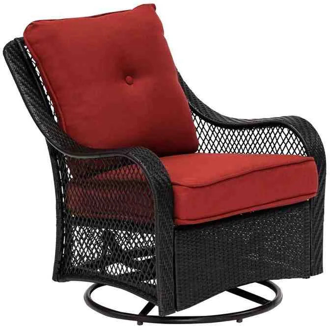Ensemble de conversation 5 pièces en acier avec foyer extérieur, coussins bleu marine, fauteuils pivotants et table de foyer carrée (collection 2025).