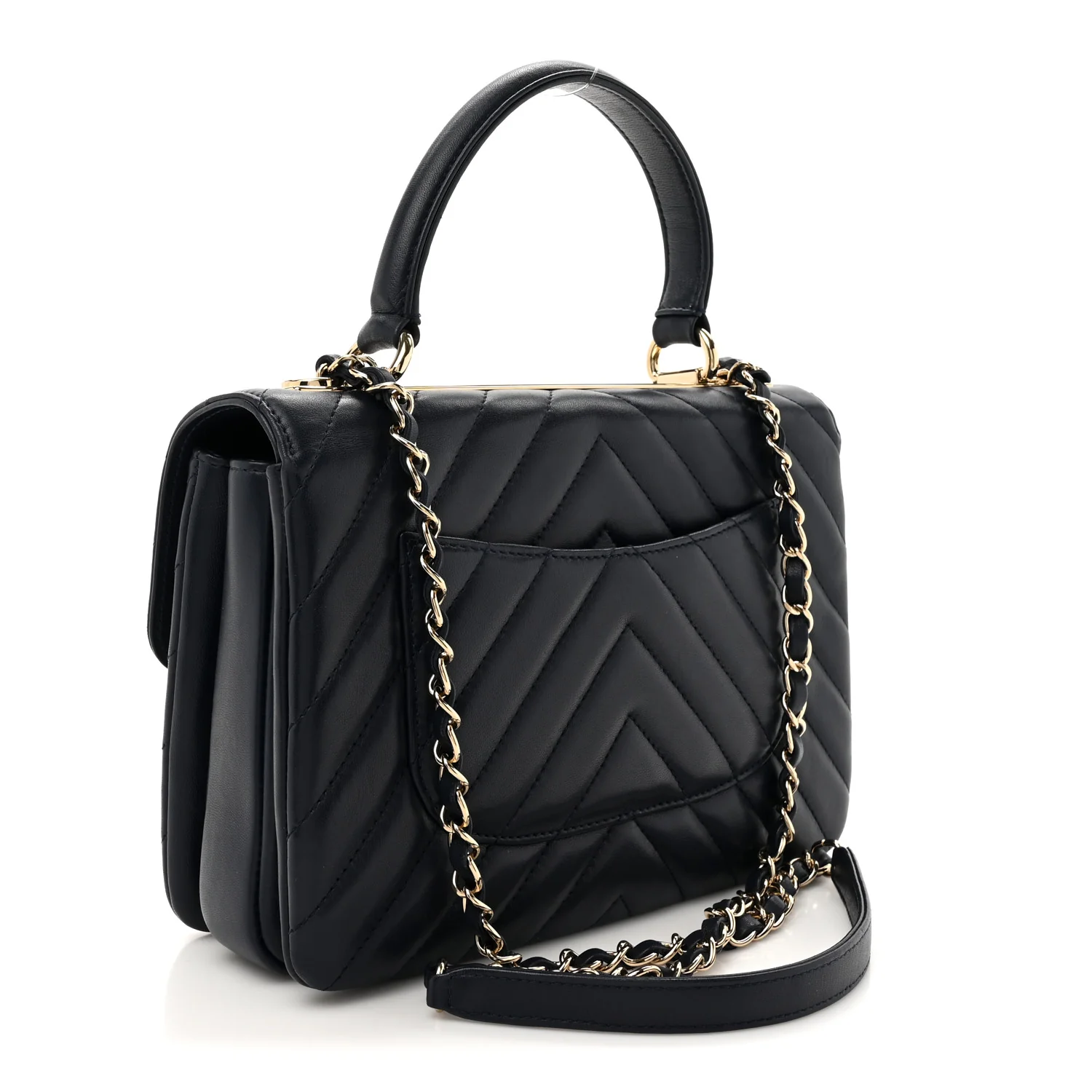 Lambskin Chevron Quilted Small Trendy CC Flap Dual Handle Bag Navy