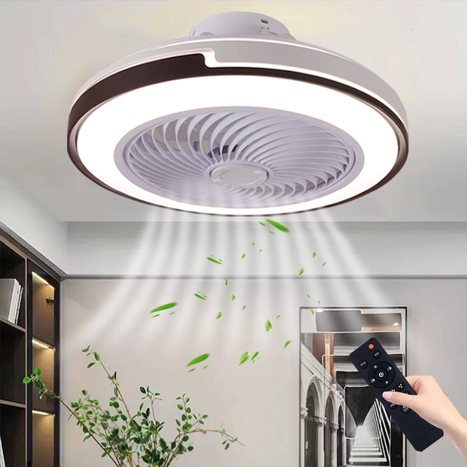 Bedroom Ceiling Fans with Lights,Low Profile Flush Mount, White +Coffee Color