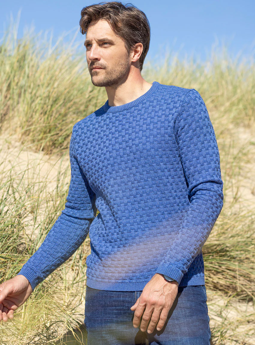 Pull homme damier en laine bleu jean