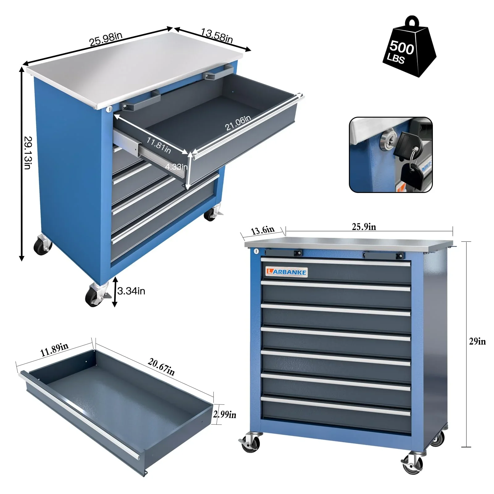 Rolling Tool Chest 5-Drawer Tool Cabinet with Stainless Steel Top Key Lock Heavy-Duty