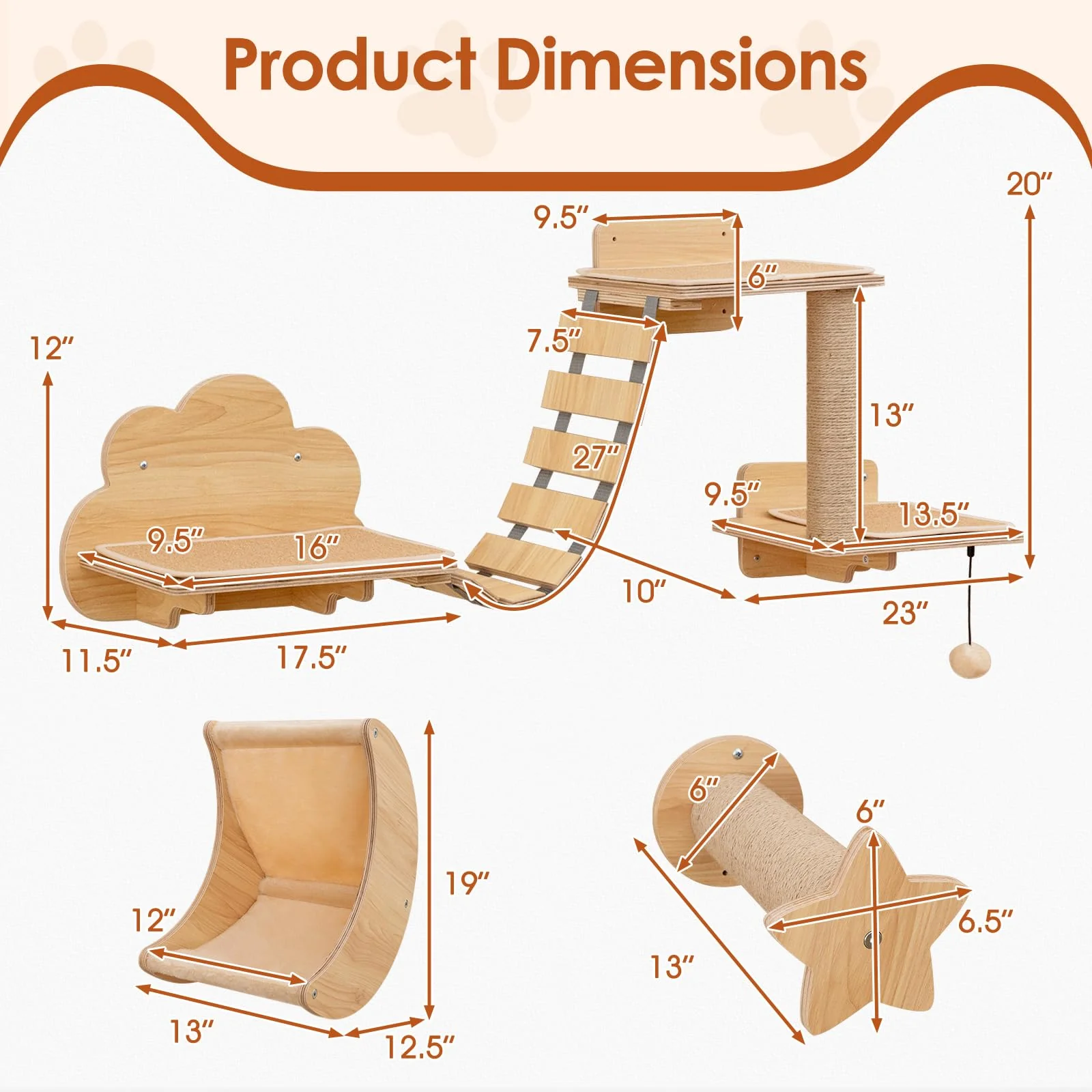 Tangkula Cat Wall Furniture Set Kitten Wall Mounted Shelves with Hammock