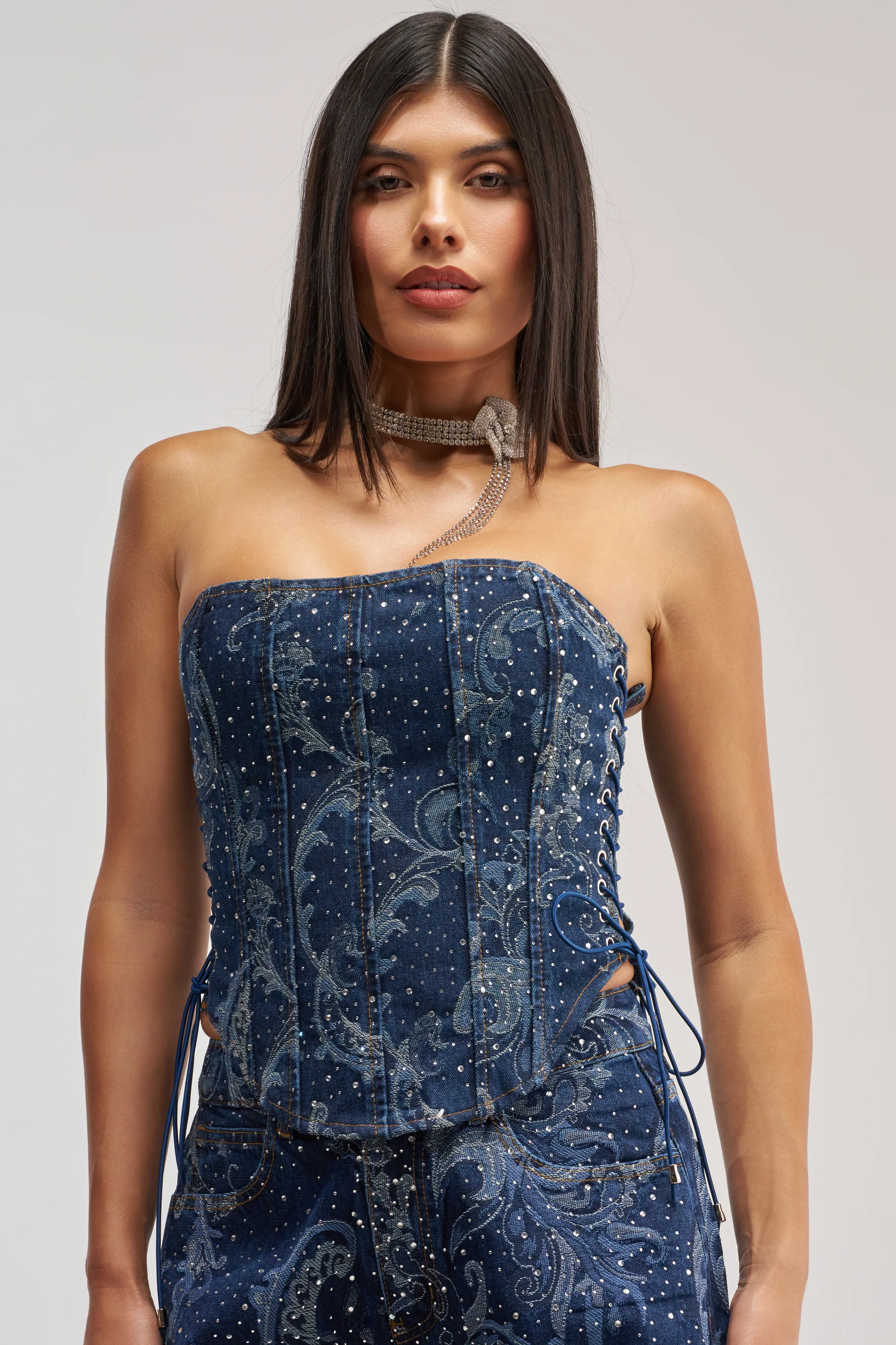 ELEVATED DENIM CORSET WITH RHINESTONES - Akira Store