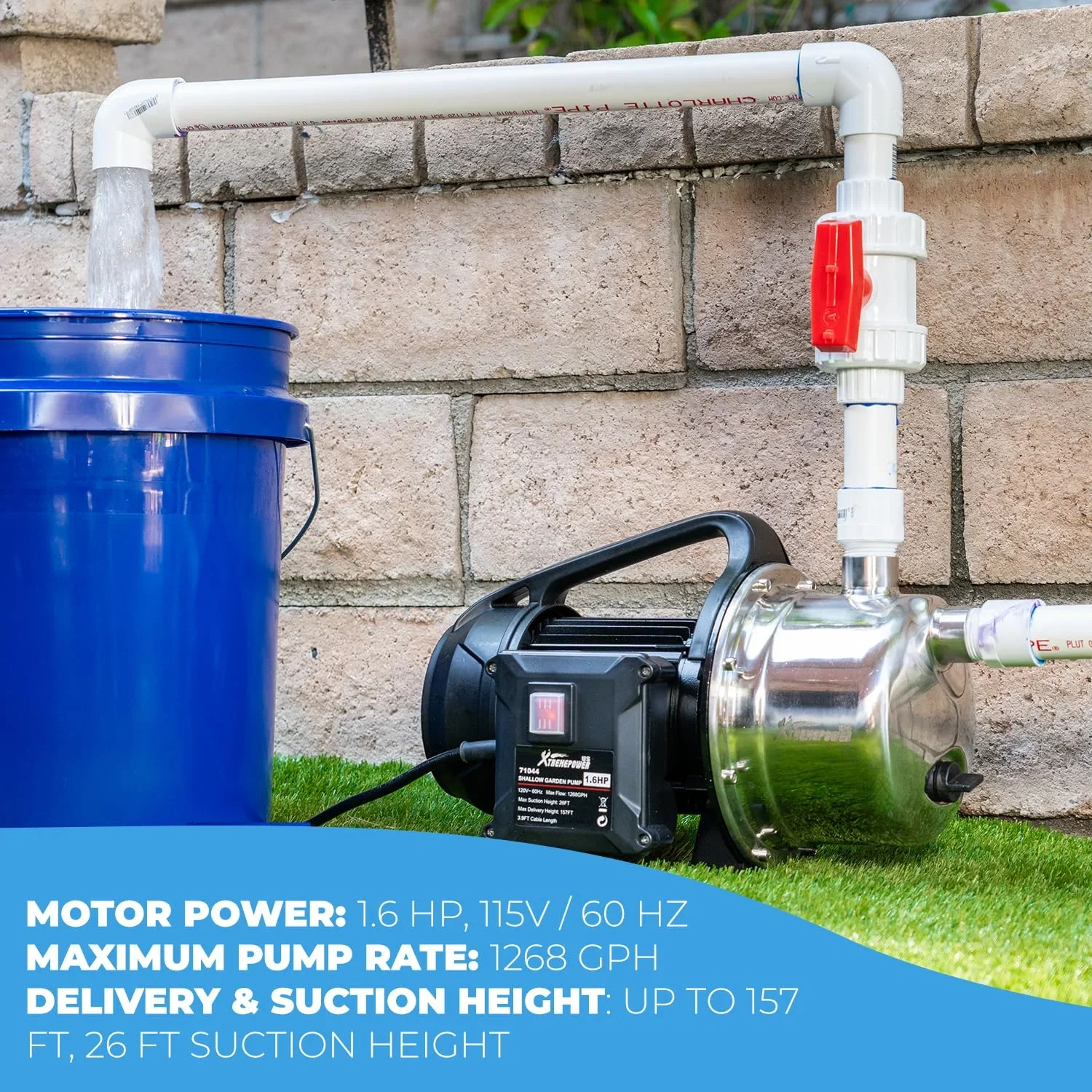 XtremepowerUS 1.6HP Portable Shallow Well Pump, 1268 GPH 120V With Controller, Stainless Steel, For Sprinkler, Irrigation, Garden, Lawn Water Transfer