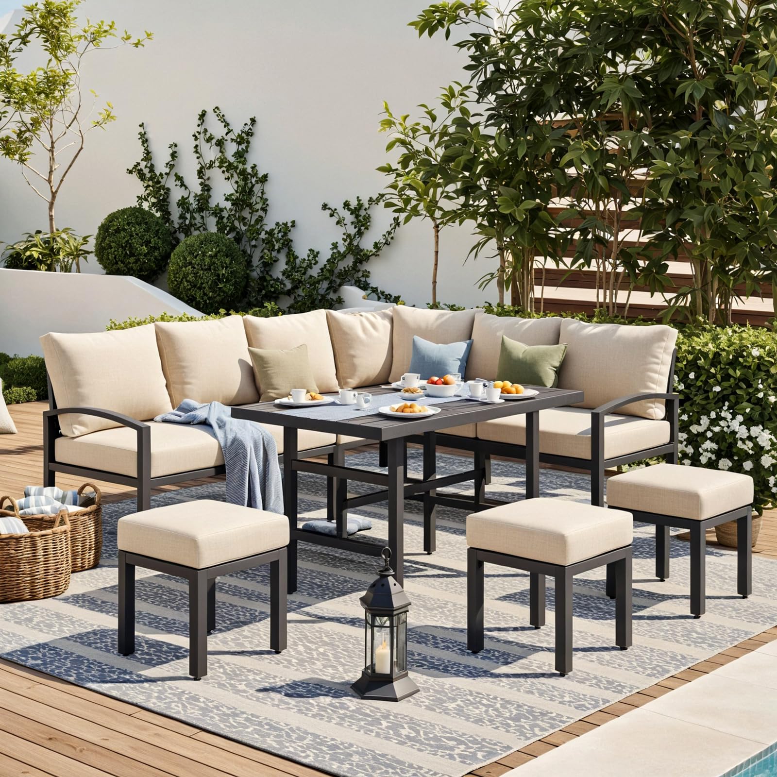 AECOJOY 7 Pieces Metal Outdoor Furniture Set, Beige